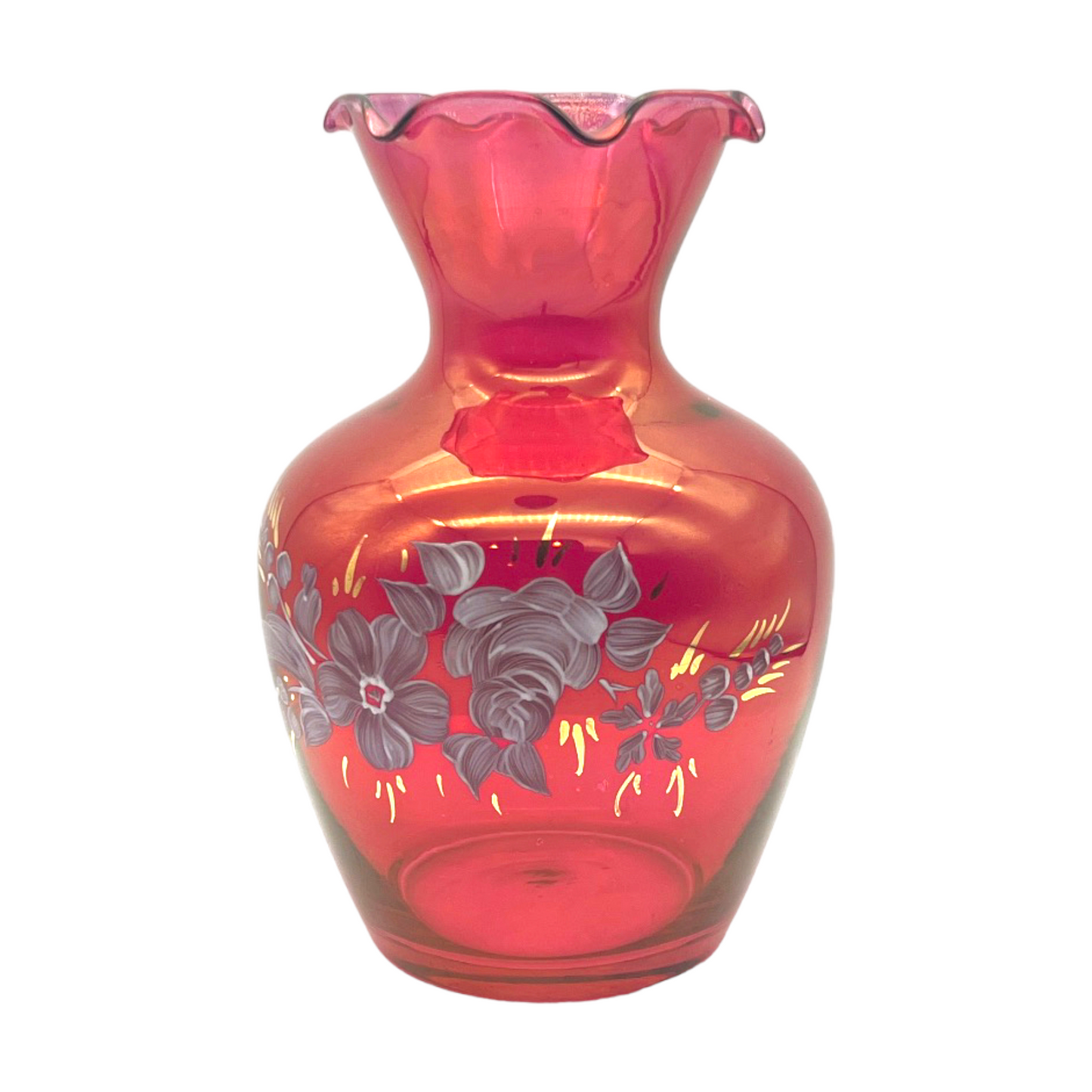 Melon Elegance - Hand Painted Cranberry Ruffle Edge Vase - 6.5"
