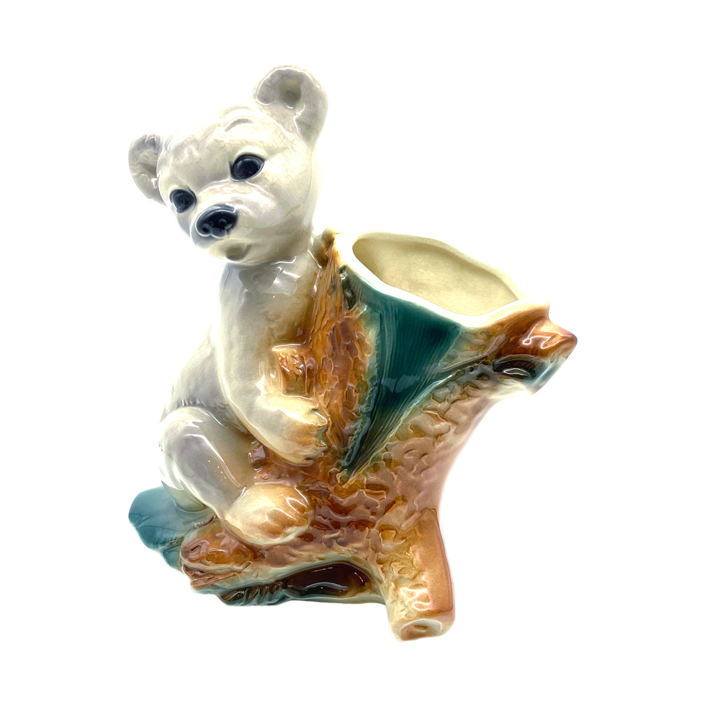 Royal Copley - Bear Cub Clinging On Stump - 8.5"