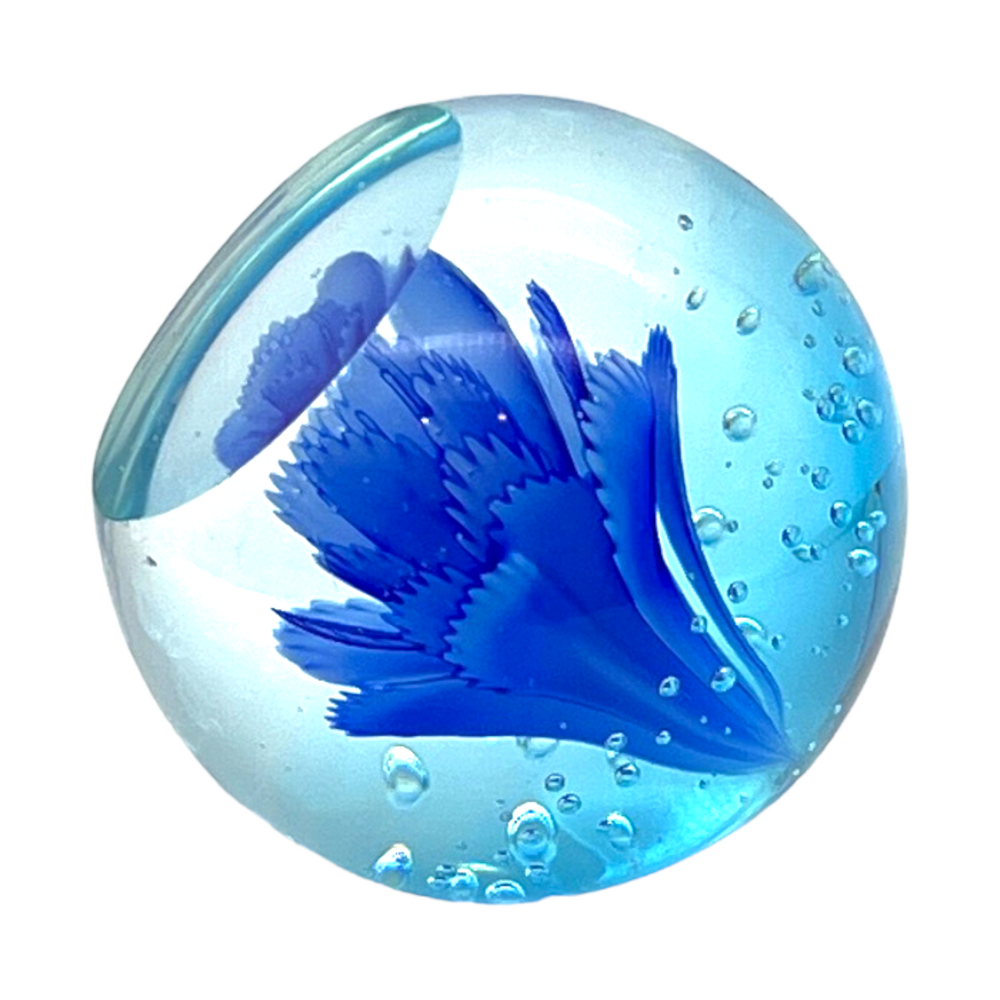 Murano Art Glass - Controlled Bubble Blue Flower Paperweight - 2.75"