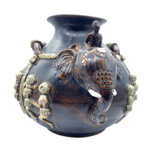 Cambodian Khmer Style Jug With Elephants Handle - 9"