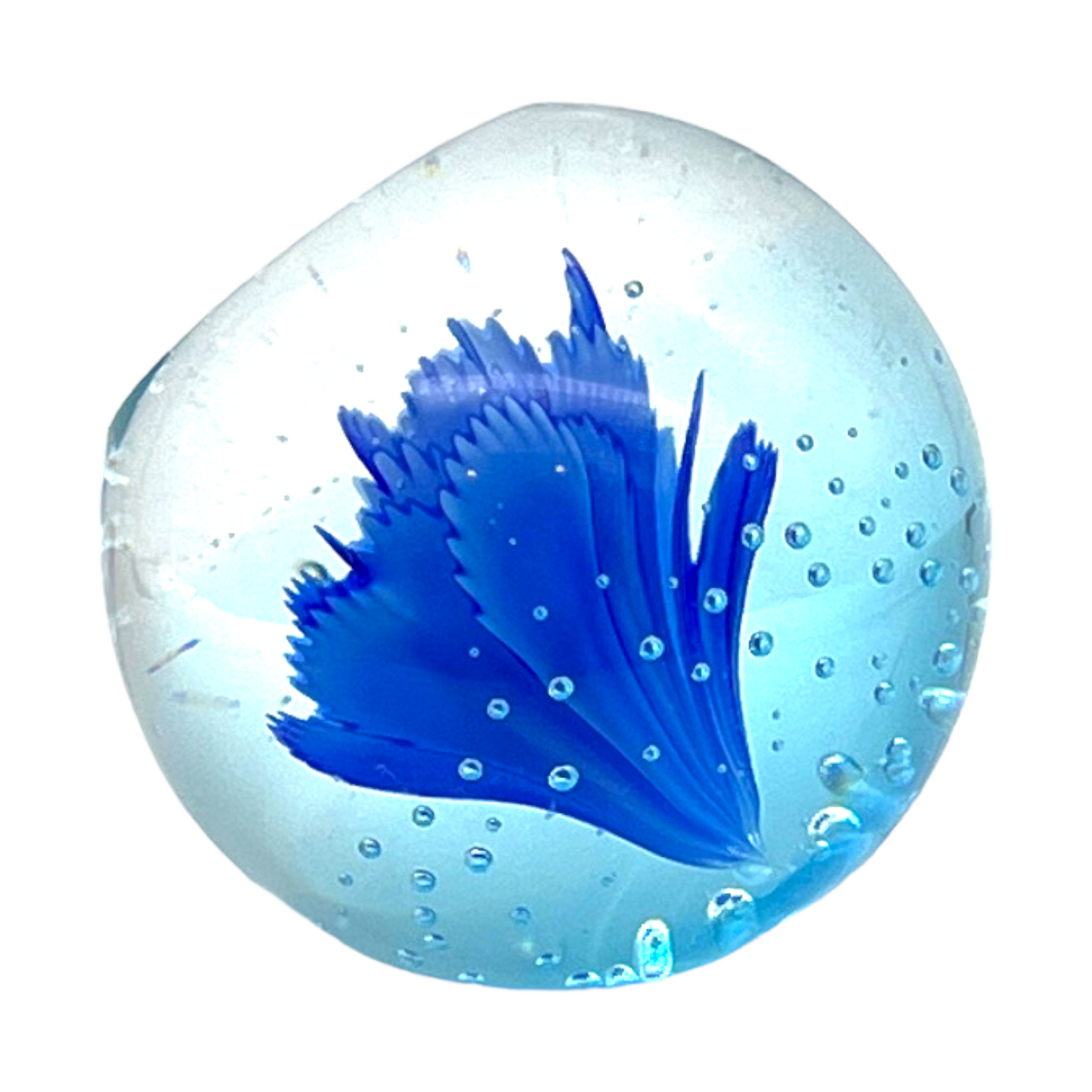 Murano Art Glass - Controlled Bubble Blue Flower Paperweight - 2.75"