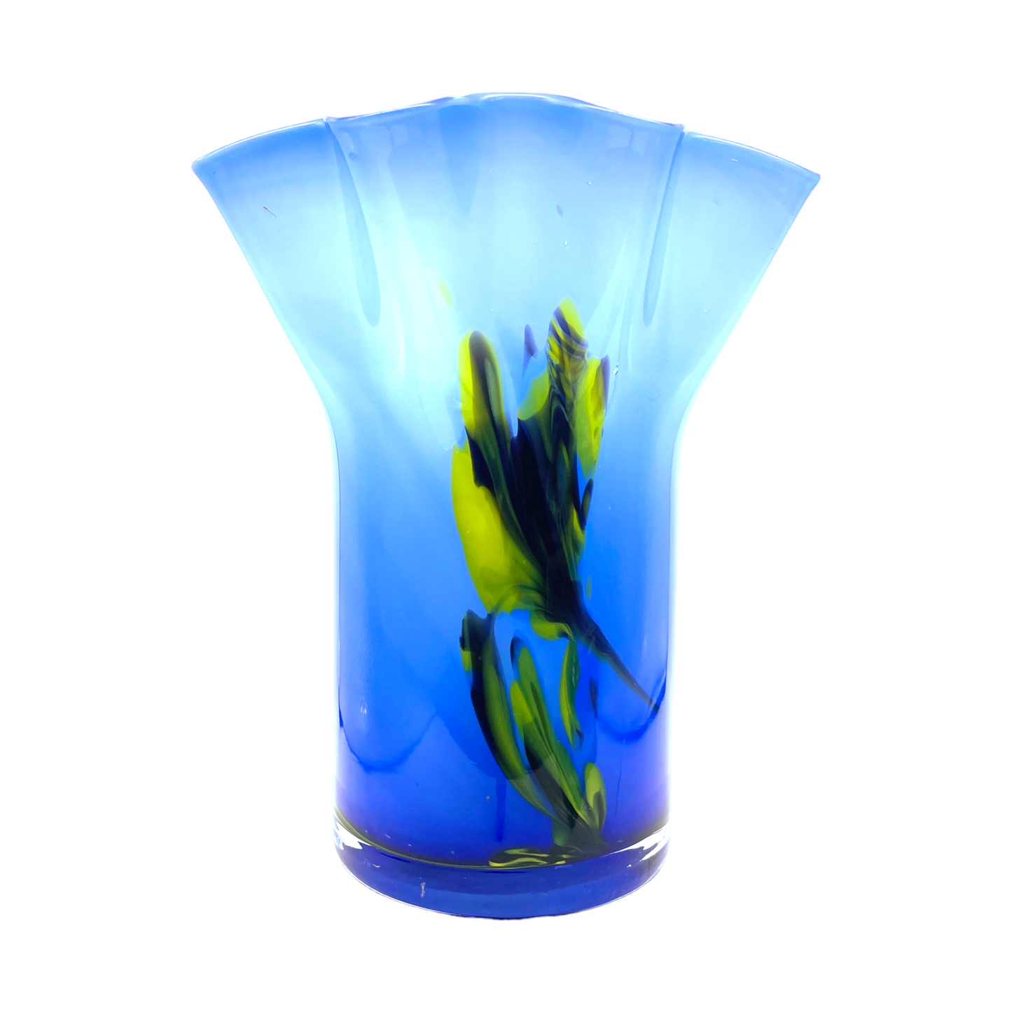 Vintage Murano Ruffled Edge Vase - Blue & Yellow Elegance