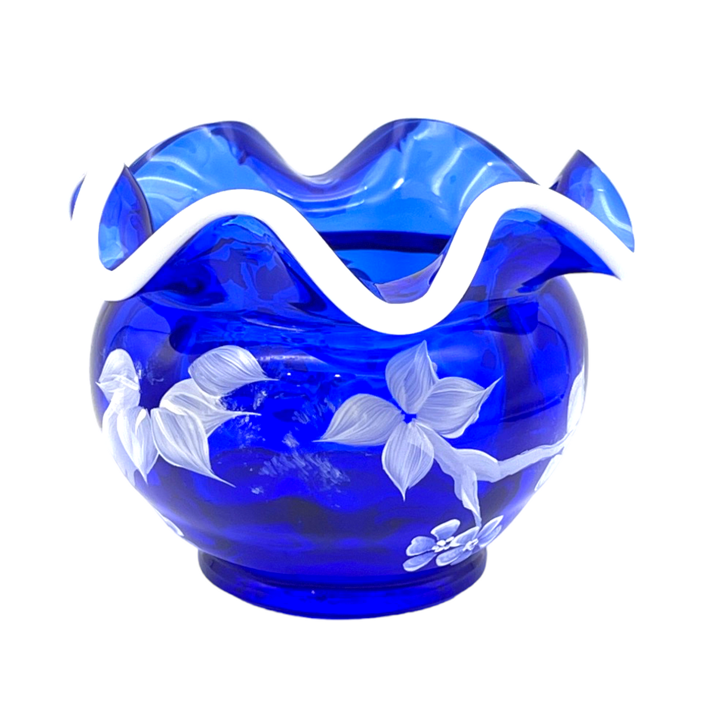 Fenton Art Glass - Nancy Fenton Signed - Cobalt Blue & White Candy Bowl - Hand Painted - 3.5"