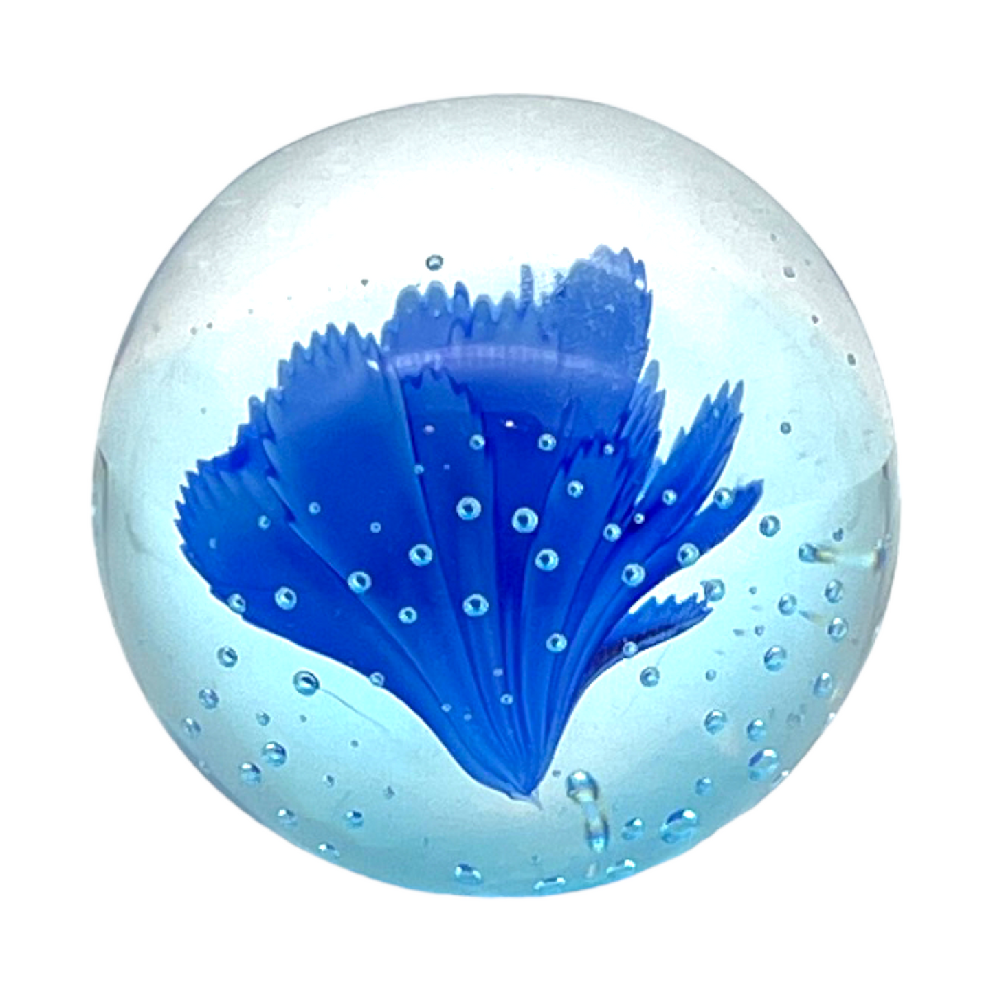 Murano Art Glass - Controlled Bubble Blue Flower Paperweight - 2.75"