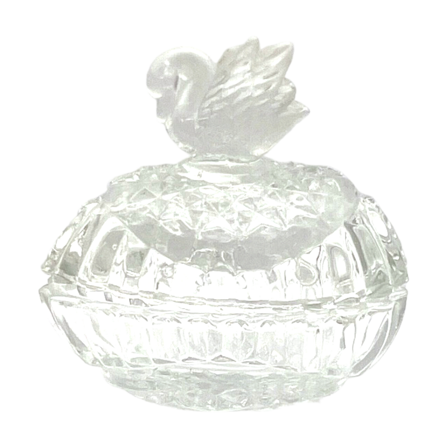 Pressed Glass Trinket Box With Frosted Swan - Vintage  3.5"