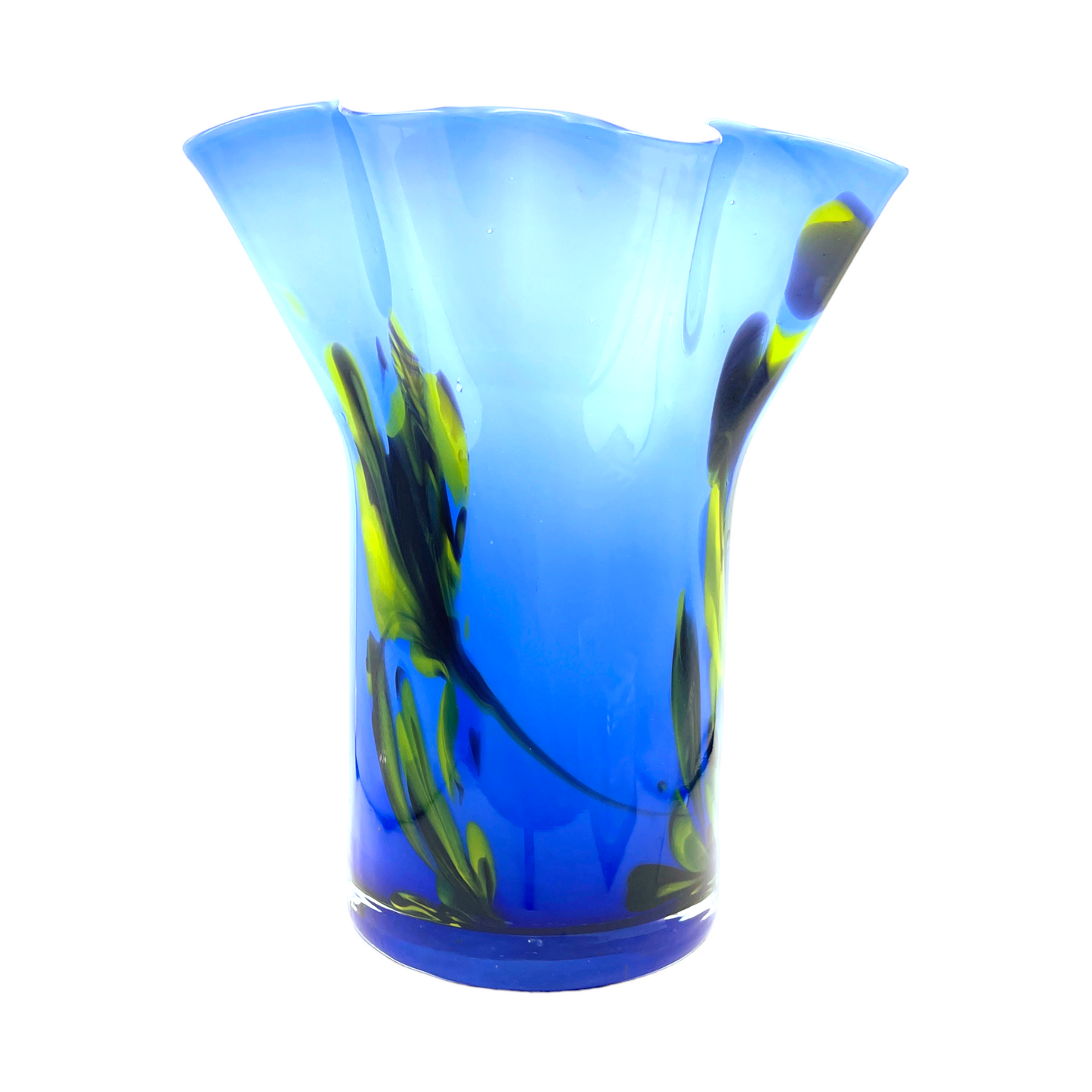 Vintage Murano Ruffled Edge Vase - Blue & Yellow Elegance