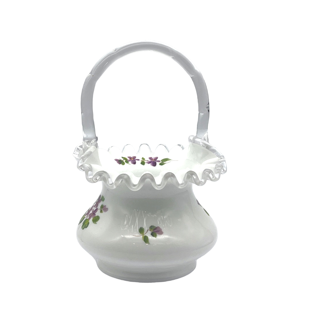 Fenton Art Glass - Violets In The Snow Silver Crest Basket - 7.5"