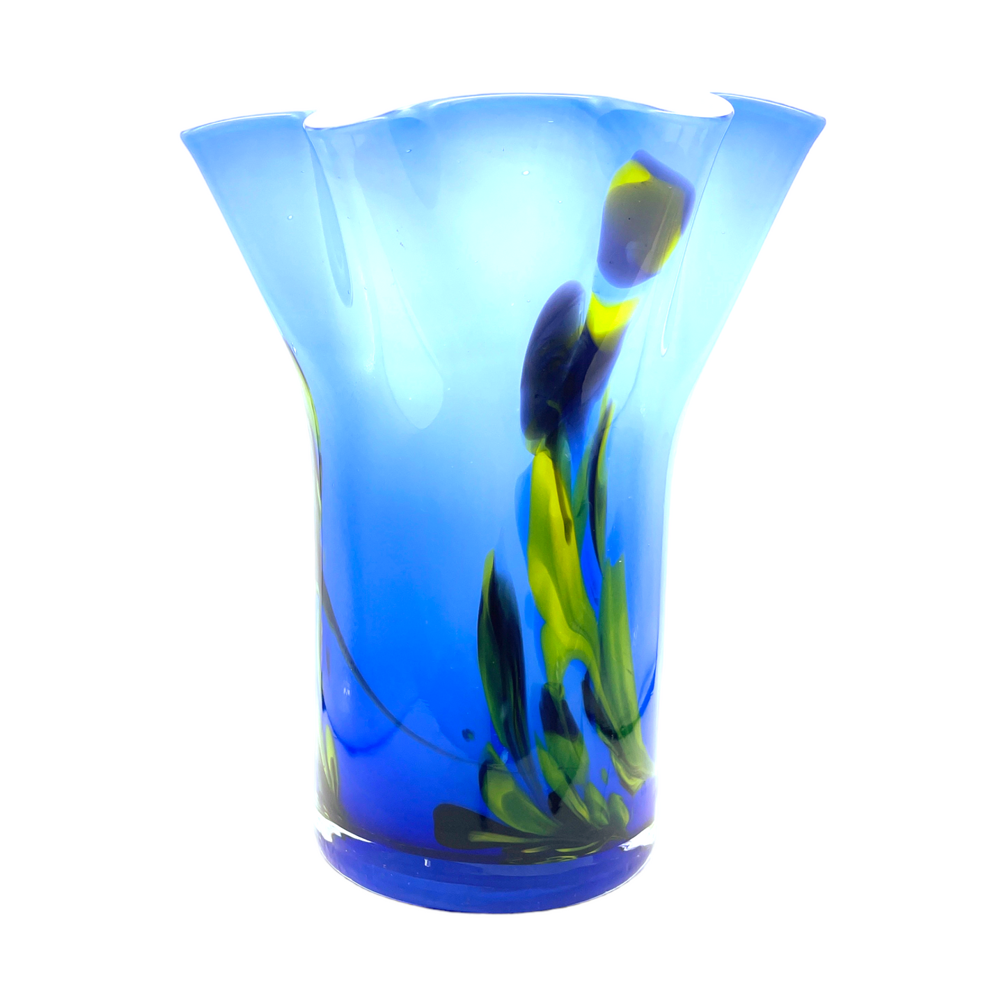 Vintage Murano Ruffled Edge Vase - Blue & Yellow Elegance