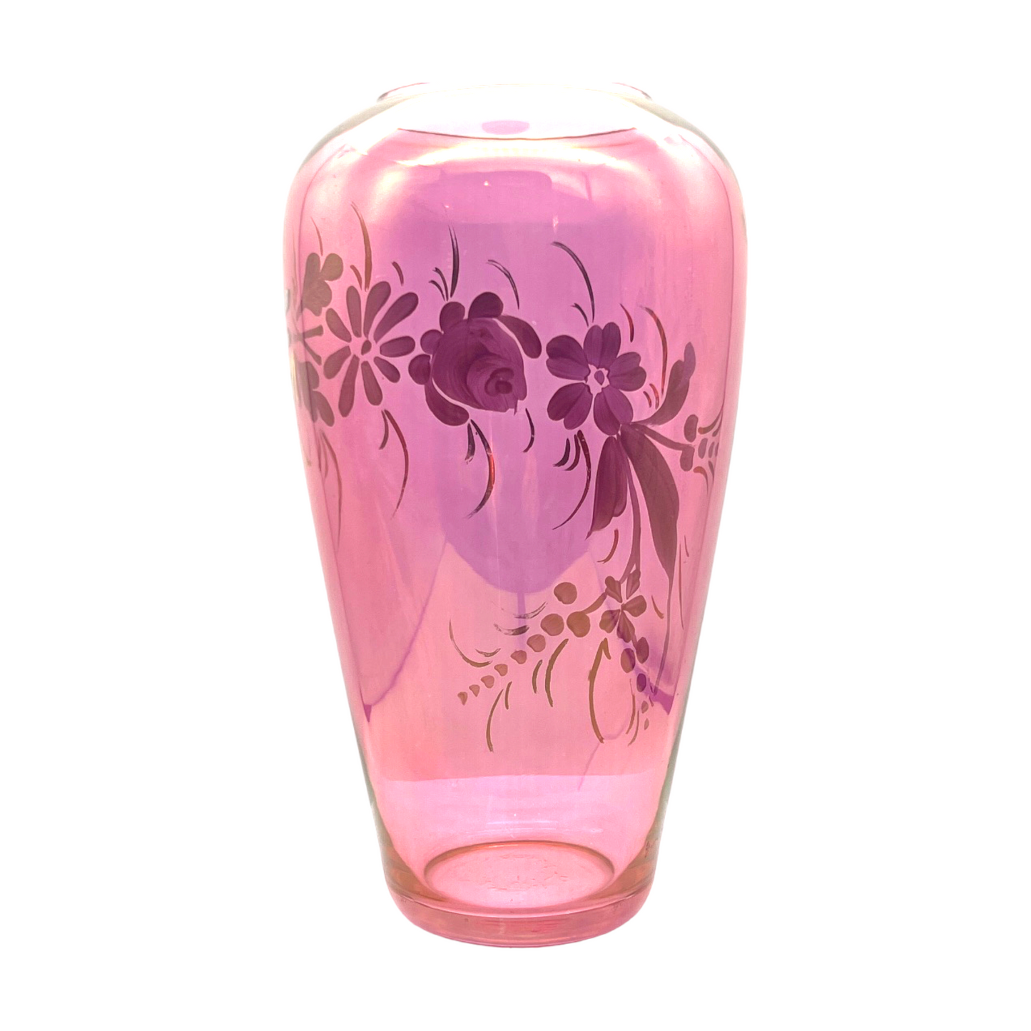 Elegant Vintage Cranberry Vase: Hand-Painted Beauty with Gold Accents