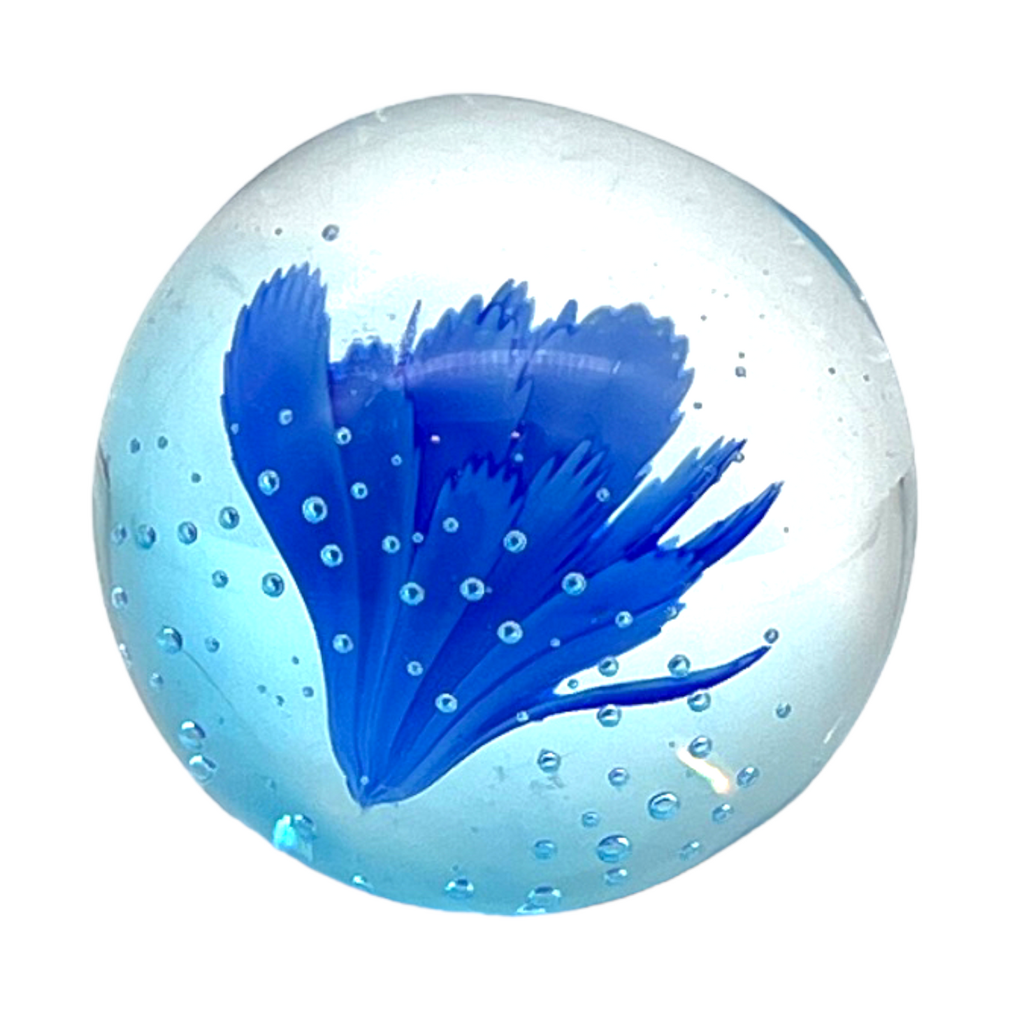 Murano Art Glass - Controlled Bubble Blue Flower Paperweight - 2.75"