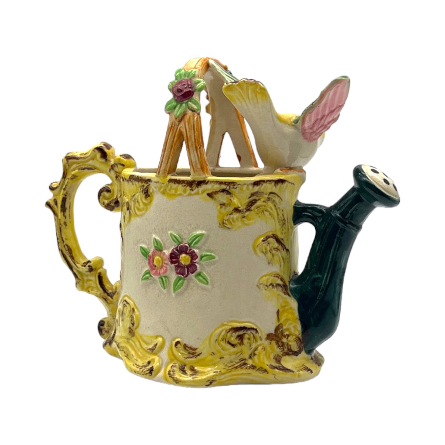 Teapot Basket With Bird - Hand Painted - Vintage - 7"