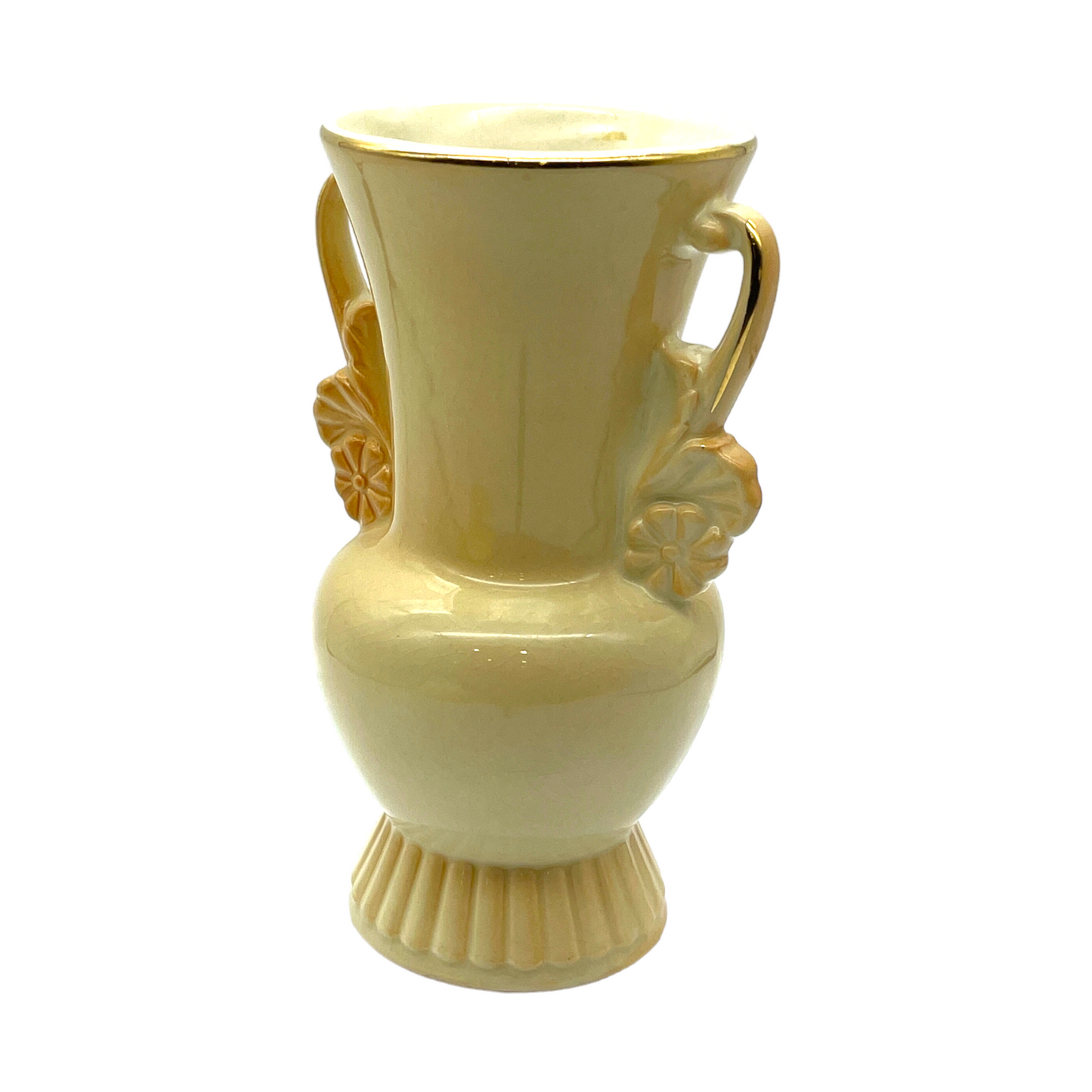 Royal Copley - Cream & Gold Trim With Floral Handle Vase - Vintage - 6.25"