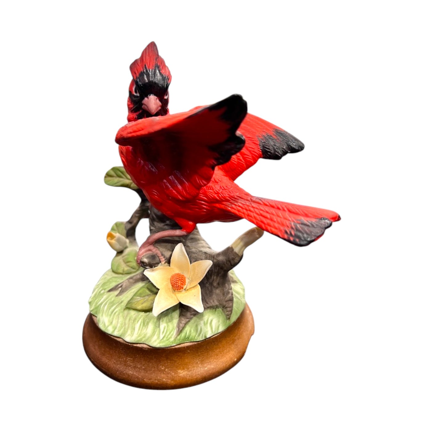 Josef Originals -  Cardinal Sitting On A Tree Branch With A Wood Base - 6"