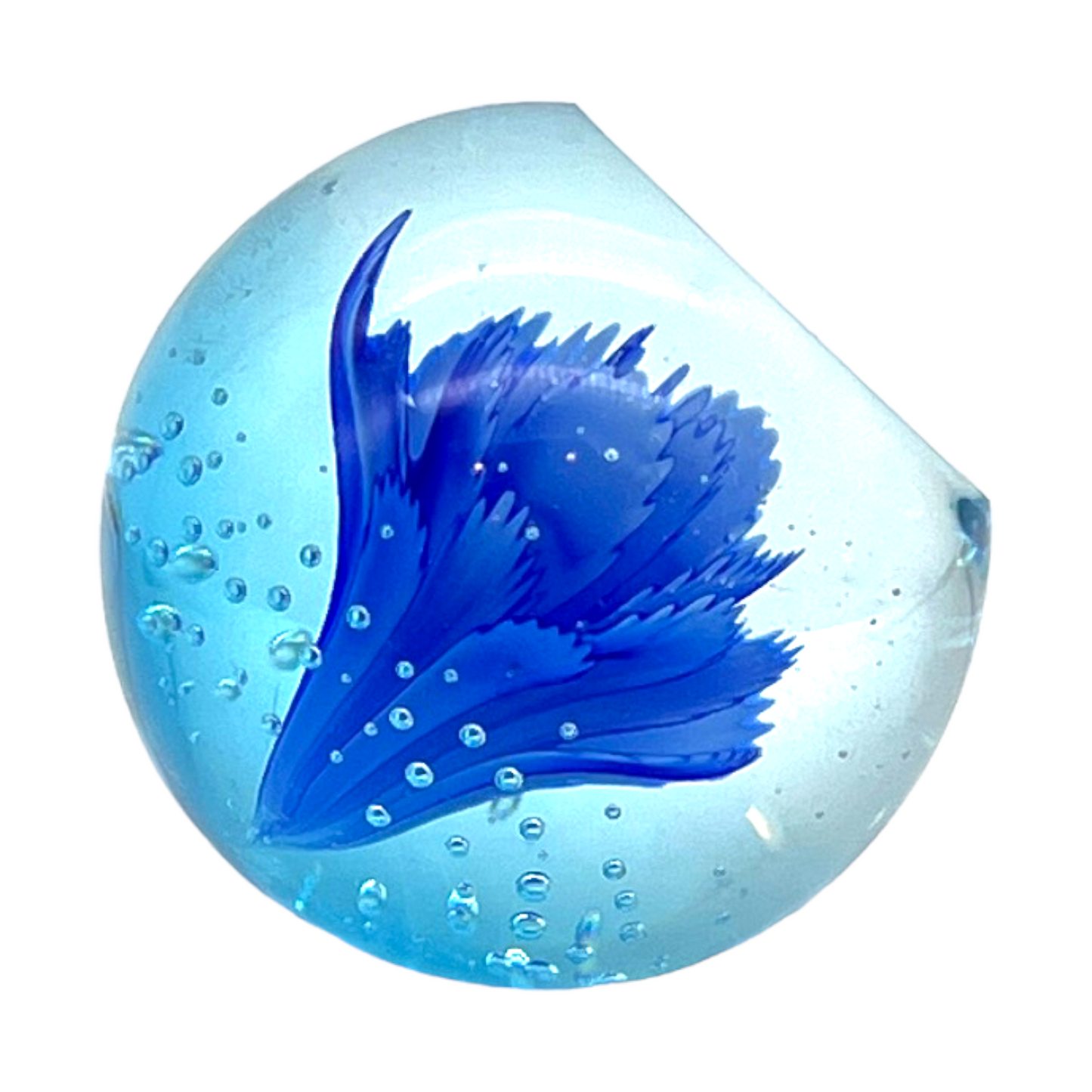 Murano Art Glass - Controlled Bubble Blue Flower Paperweight - 2.75"