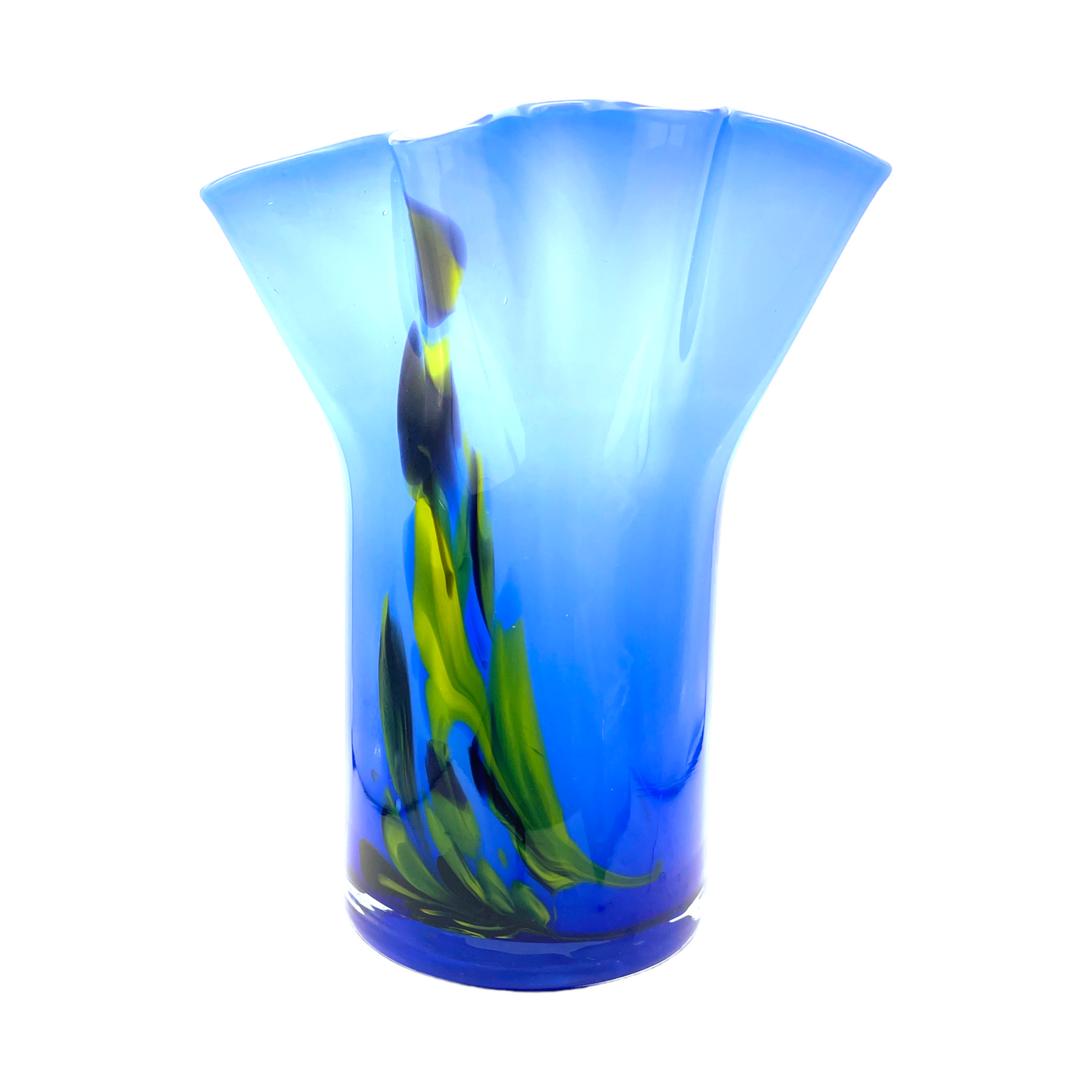 Vintage Murano Ruffled Edge Vase - Blue & Yellow Elegance