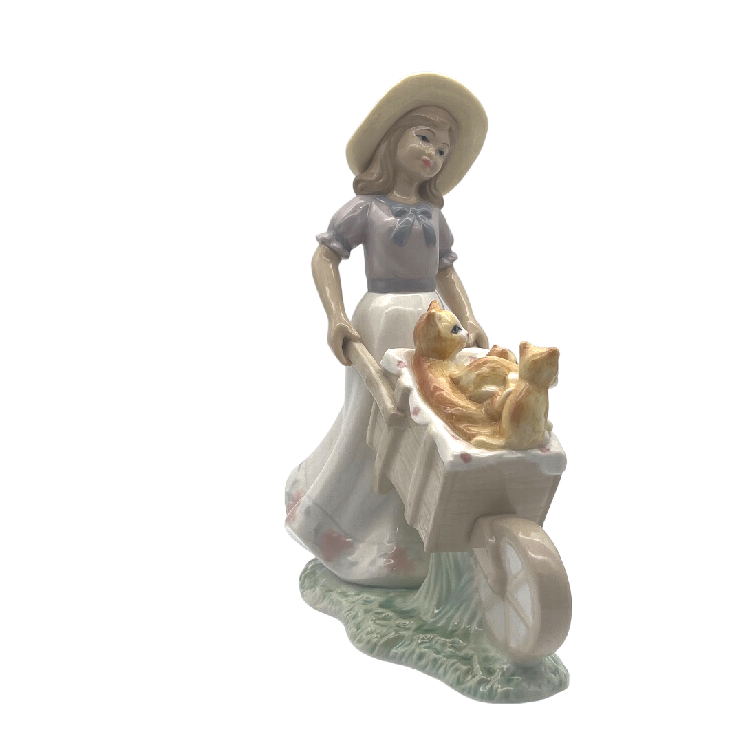 Porcelain - Girl W/Wheel Barrel & Cats - 9"