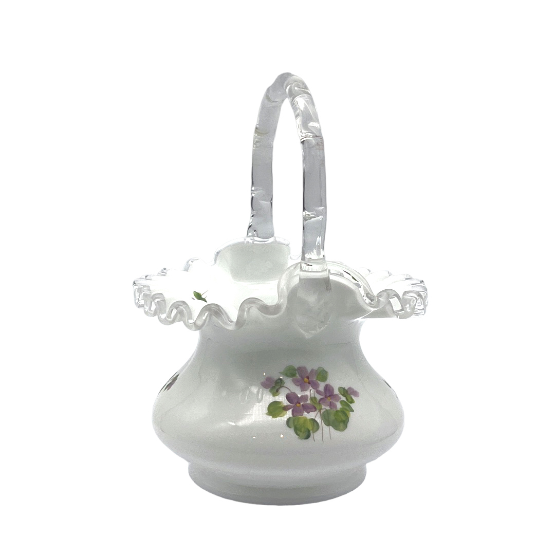 Fenton Art Glass - Violets In The Snow Silver Crest Basket - 7.5"