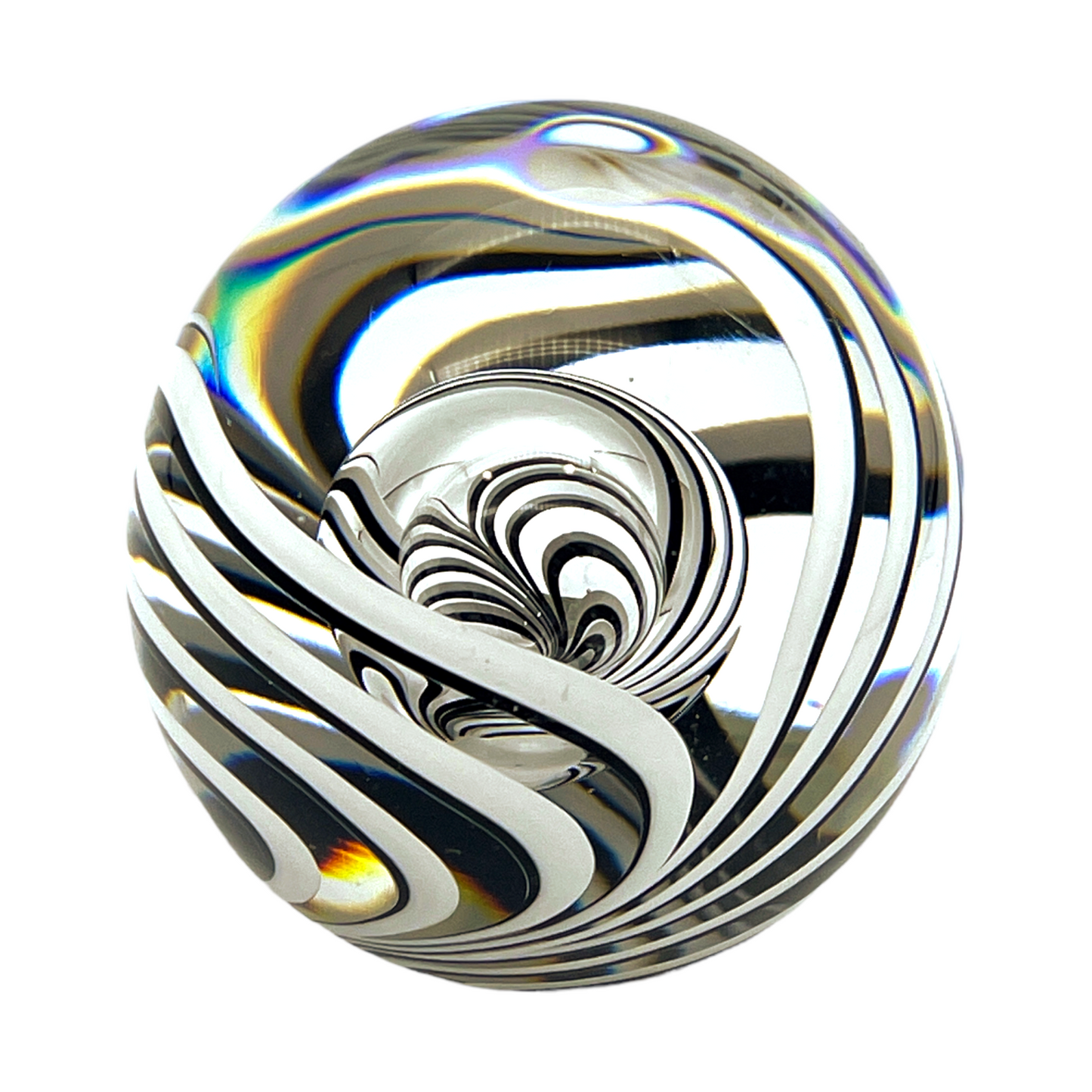 Studio Ahus Paperweight - Black & White Swirl With Bubble - Signed - Vintage 1983 - 3.5"