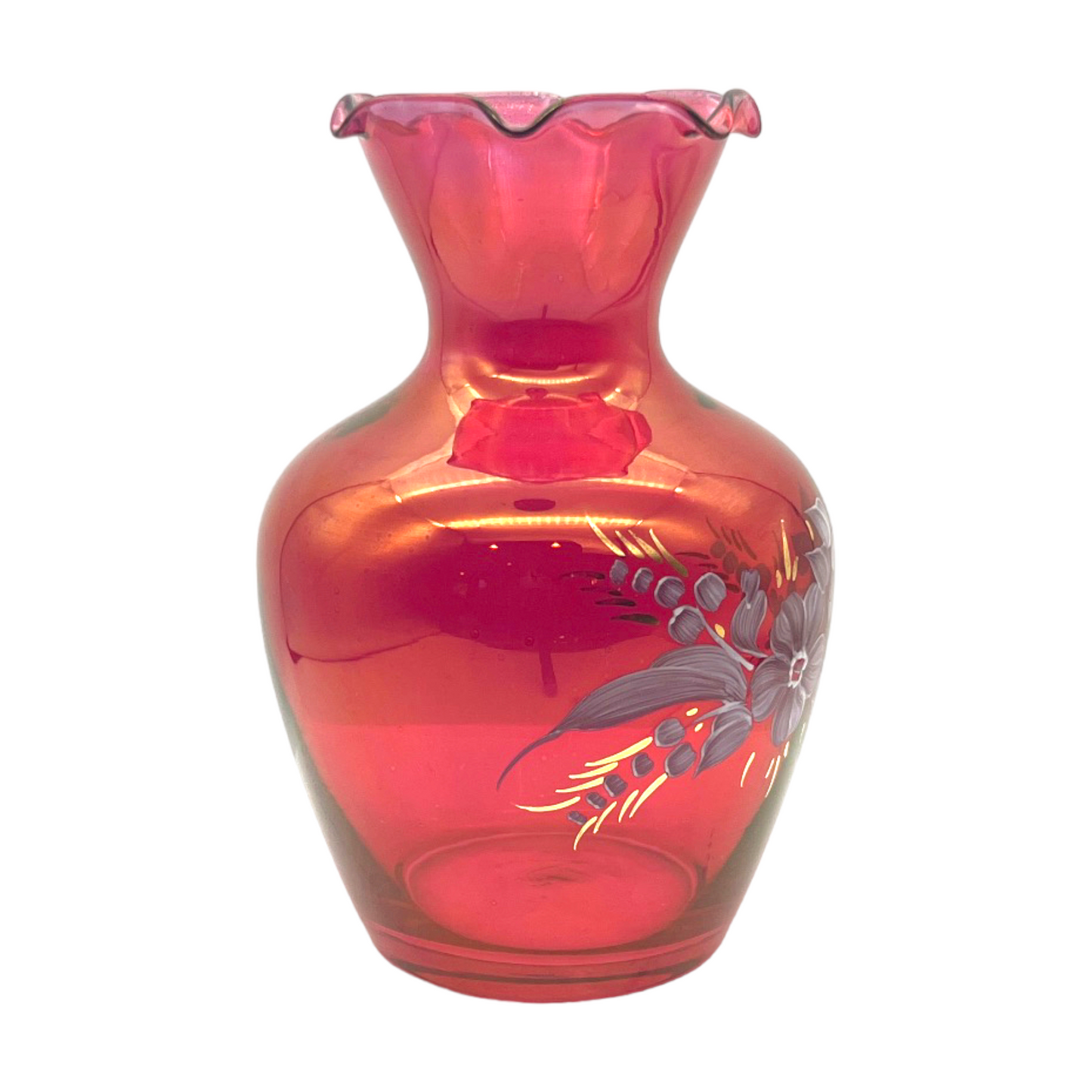 Melon Elegance - Hand Painted Cranberry Ruffle Edge Vase - 6.5"
