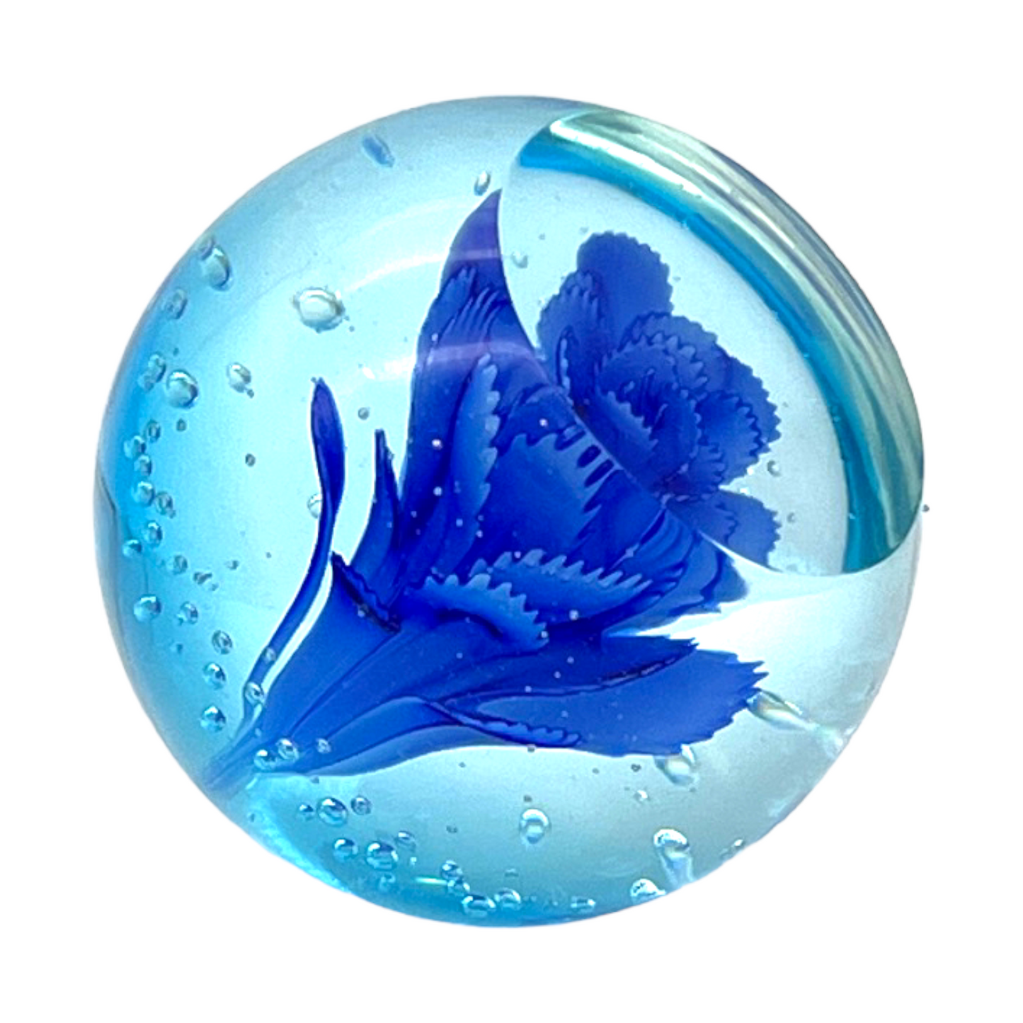 Murano Art Glass - Controlled Bubble Blue Flower Paperweight - 2.75"