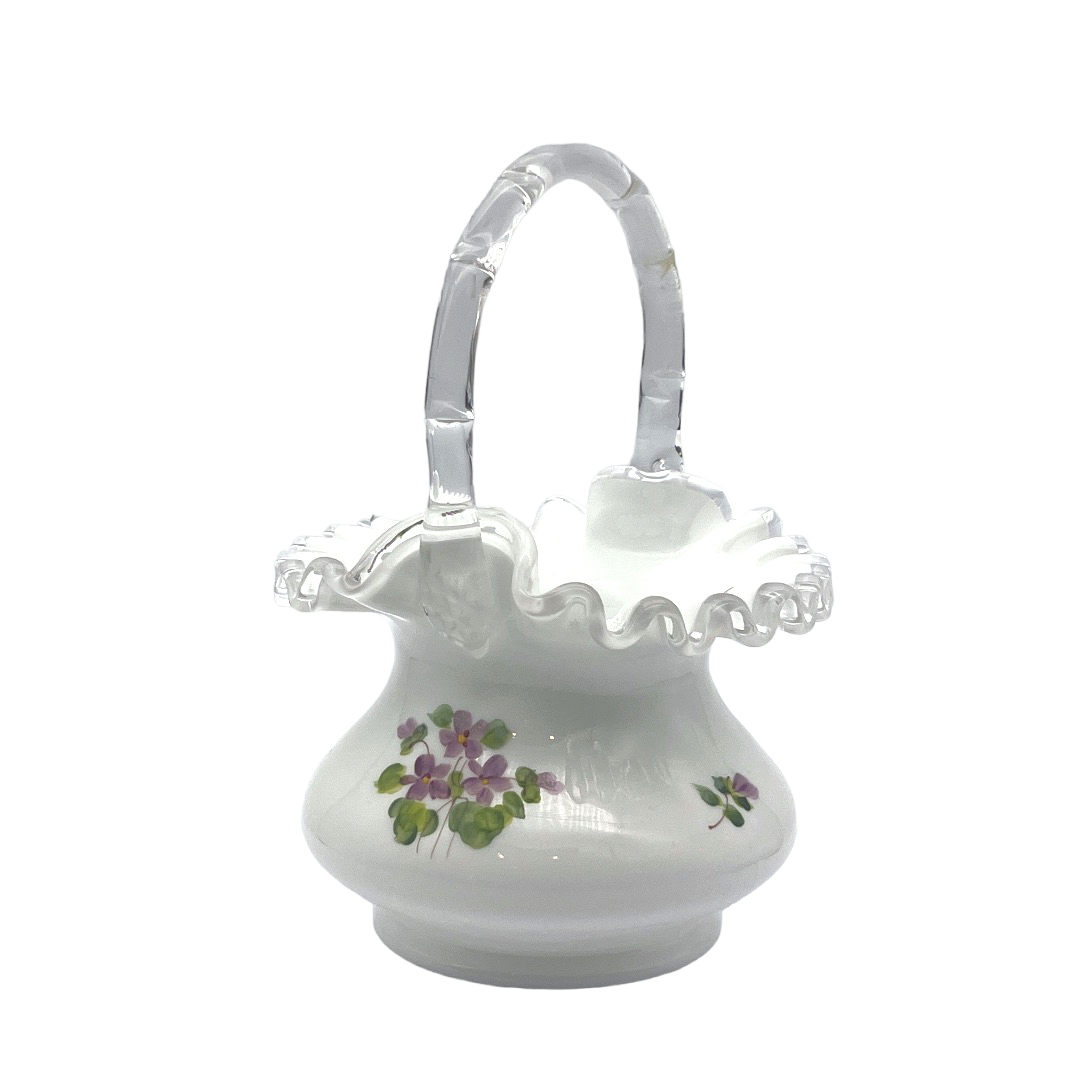 Fenton Art Glass - Violets In The Snow Silver Crest Basket - 7.5"