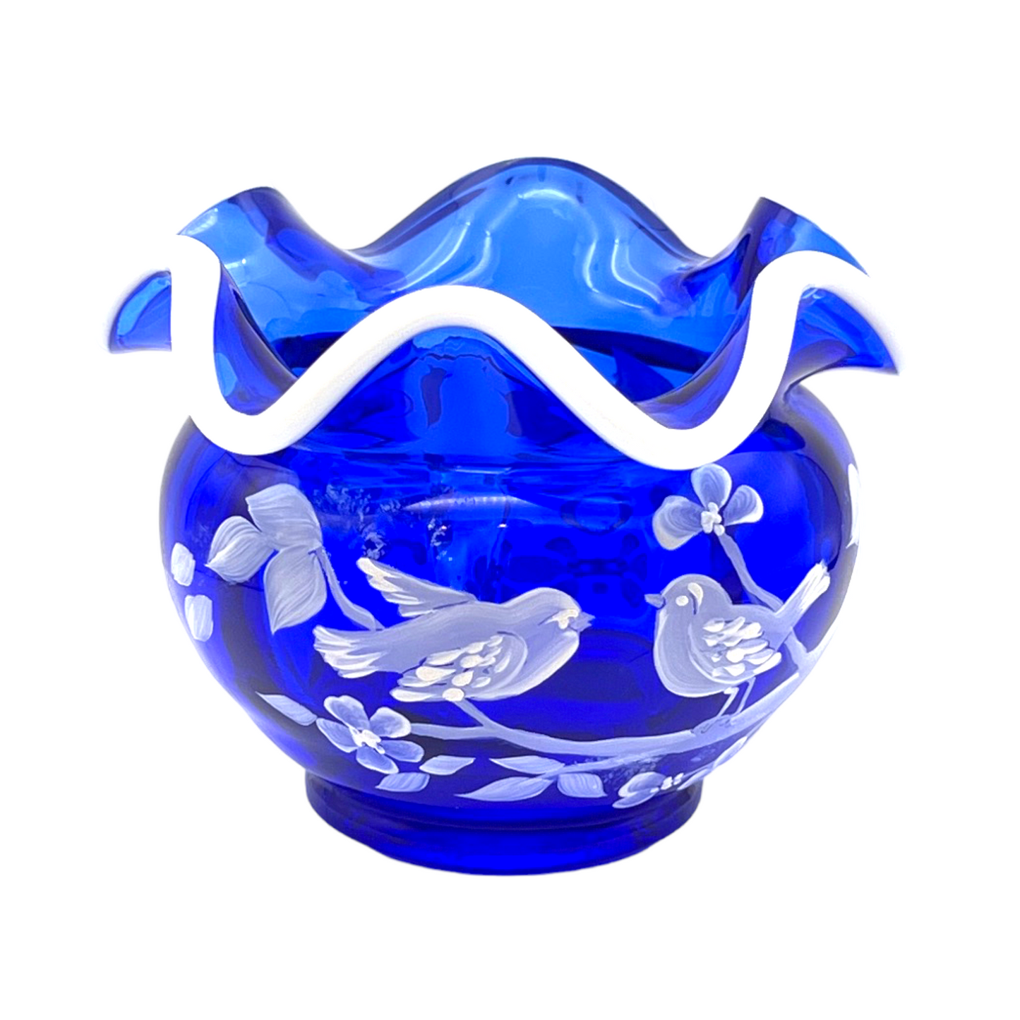 Fenton Art Glass - Nancy Fenton Signed - Cobalt Blue & White Candy Bowl - Hand Painted - 3.5"