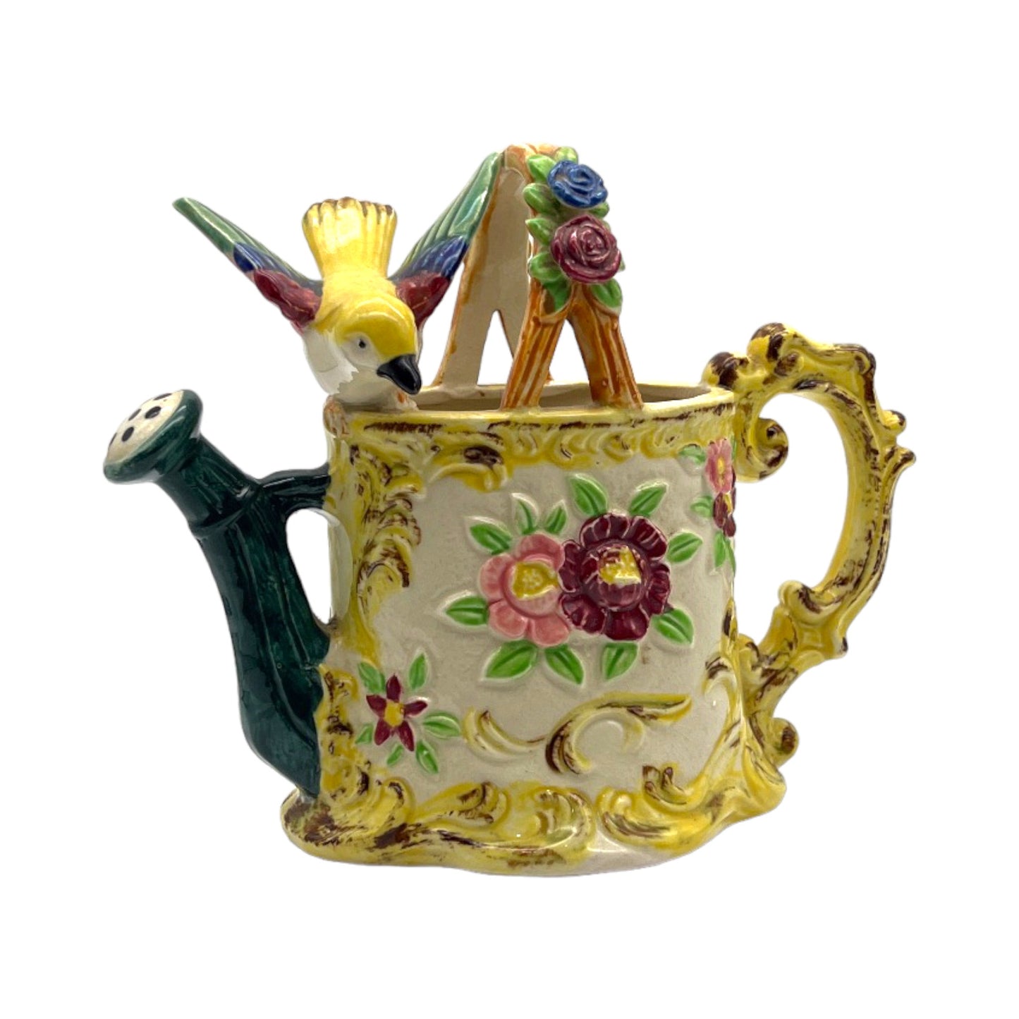 Teapot Basket With Bird - Hand Painted - Vintage - 7"
