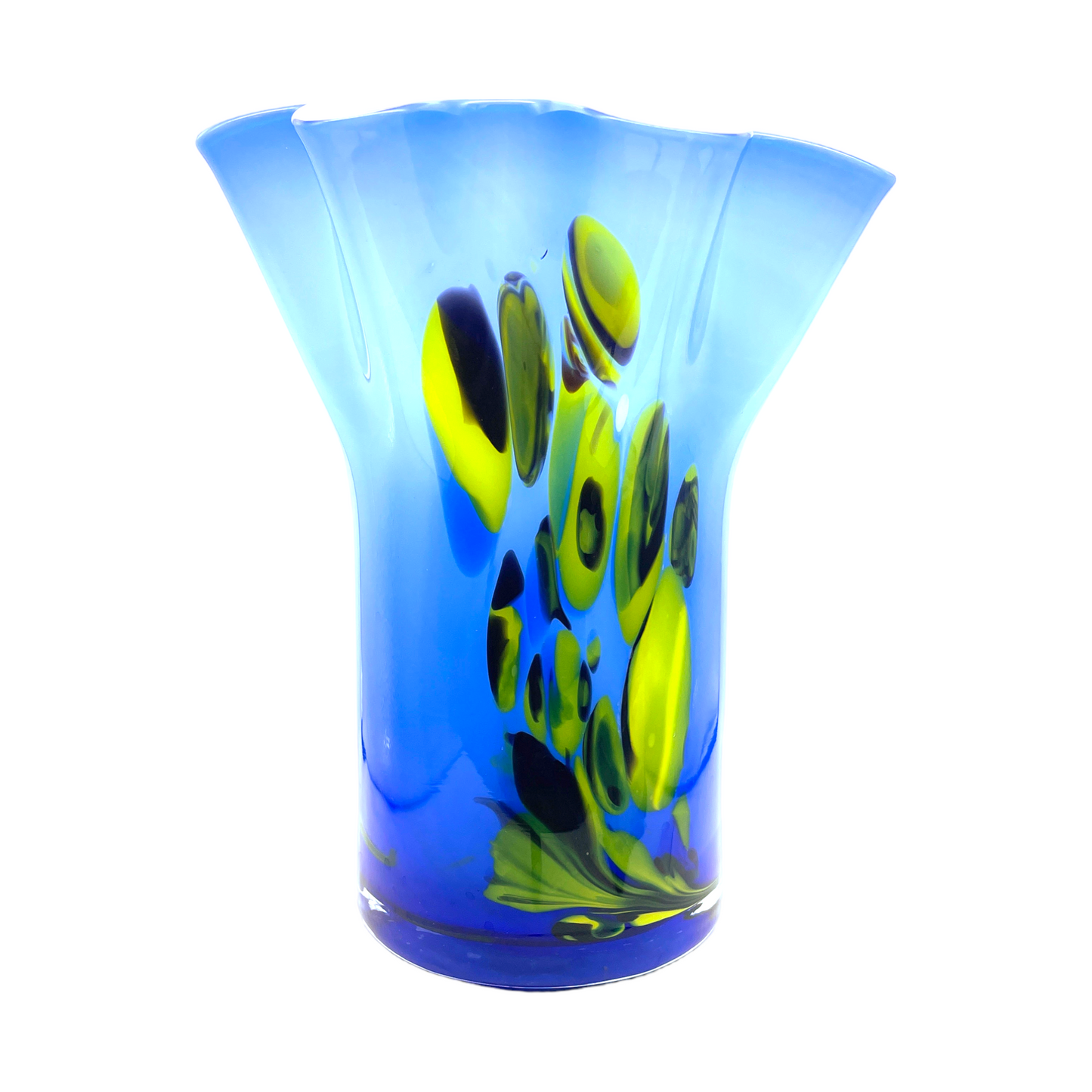 Vintage Murano Ruffled Edge Vase - Blue & Yellow Elegance