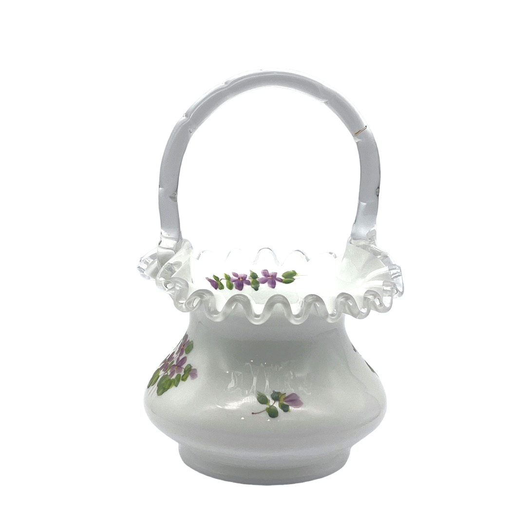 Fenton Art Glass - Violets In The Snow Silver Crest Basket - 7.5"
