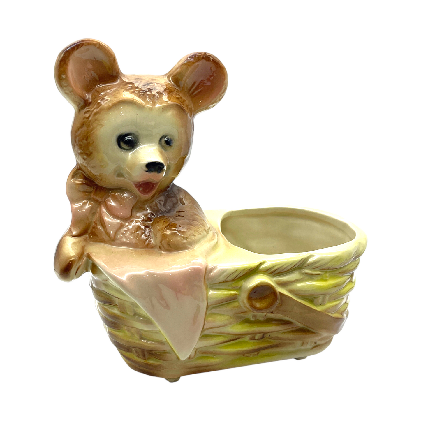 Royal Copley - Playful Norma Bear In A Basket Planter - Vintage - 8"