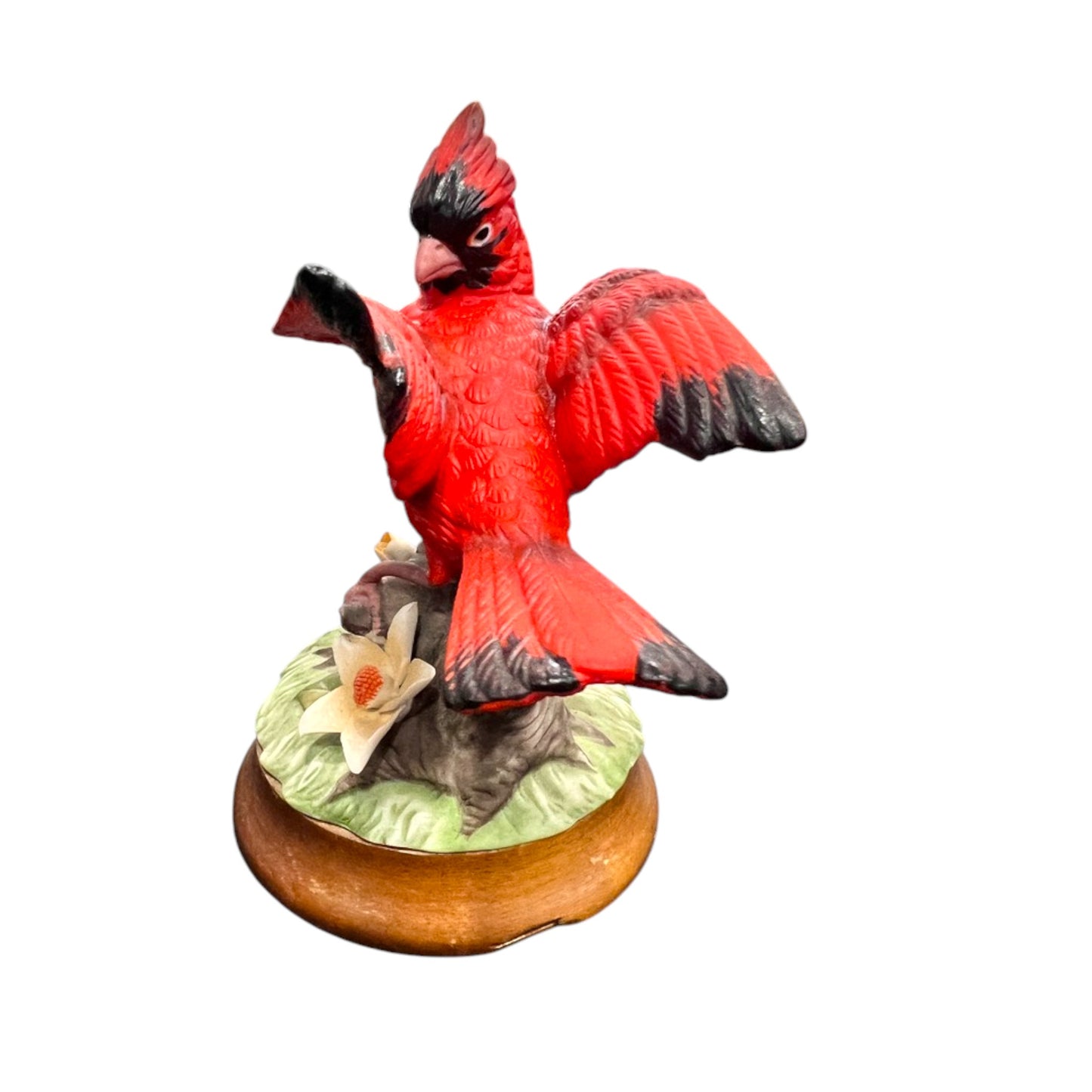 Josef Originals -  Cardinal Sitting On A Tree Branch With A Wood Base - 6"