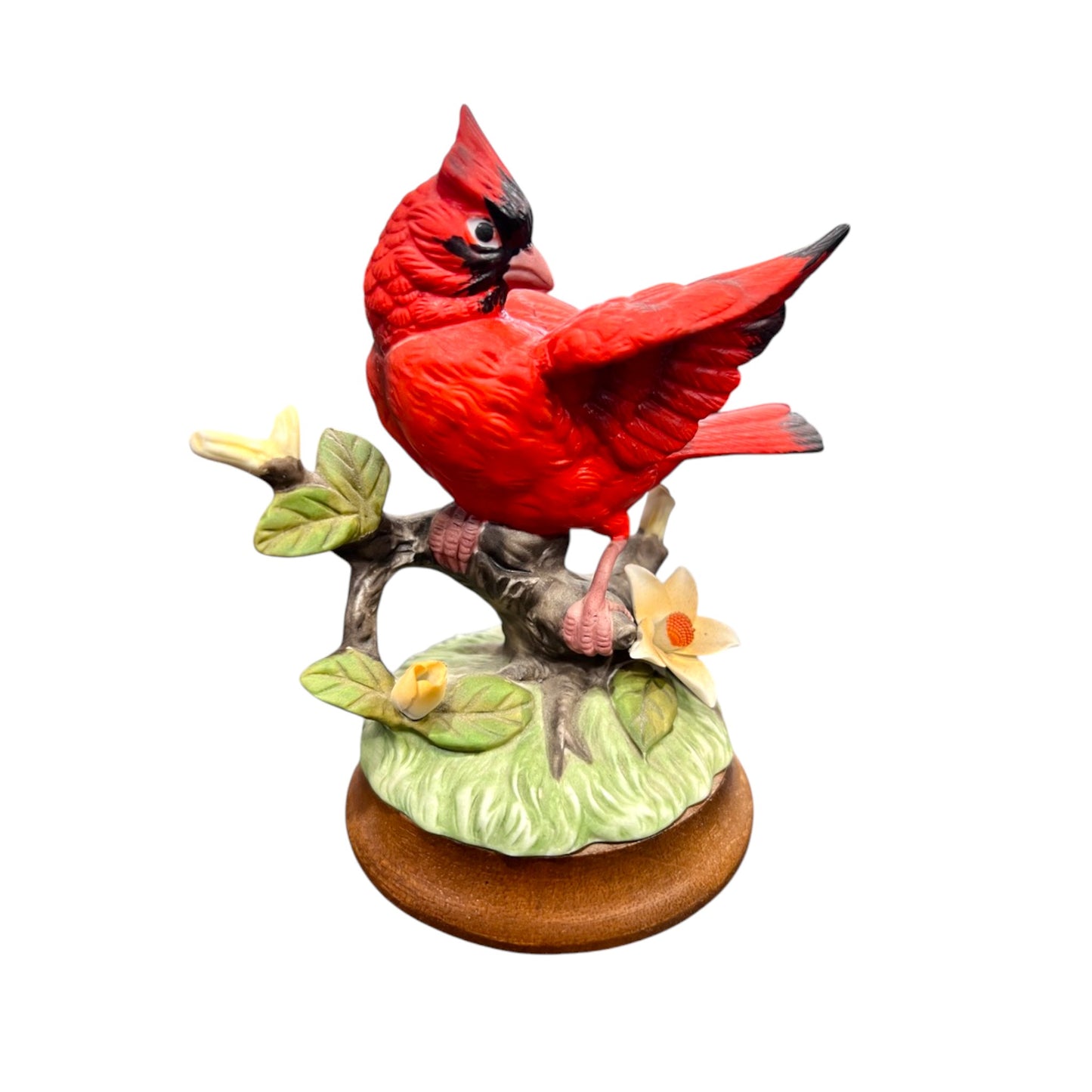 Josef Originals -  Cardinal Sitting On A Tree Branch With A Wood Base - 6"