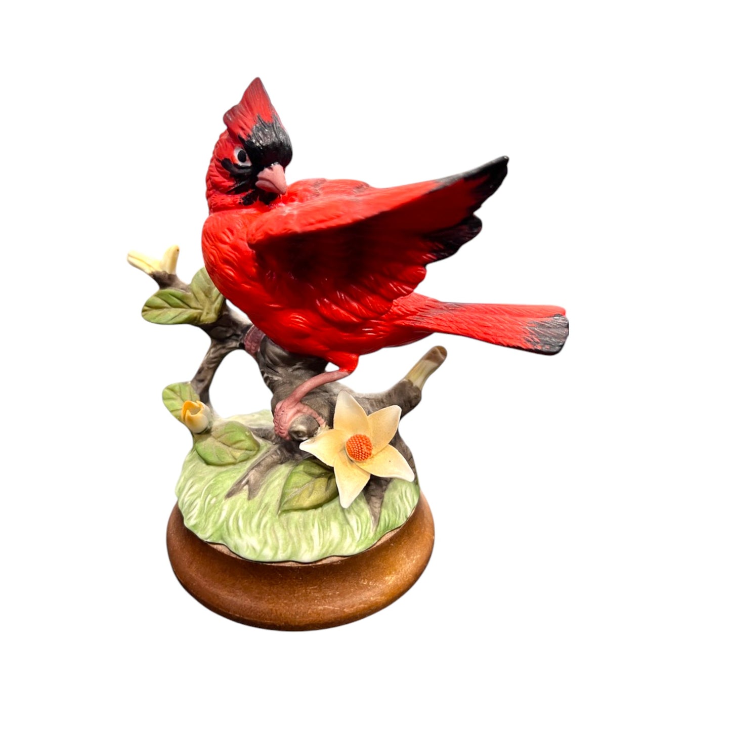 Josef Originals -  Cardinal Sitting On A Tree Branch With A Wood Base - 6"