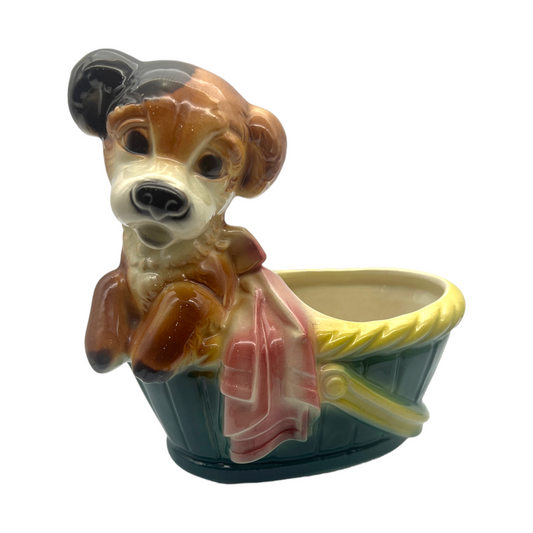Royal Copley - Puppy In Basket Planter - Planter - Vintage - 7"