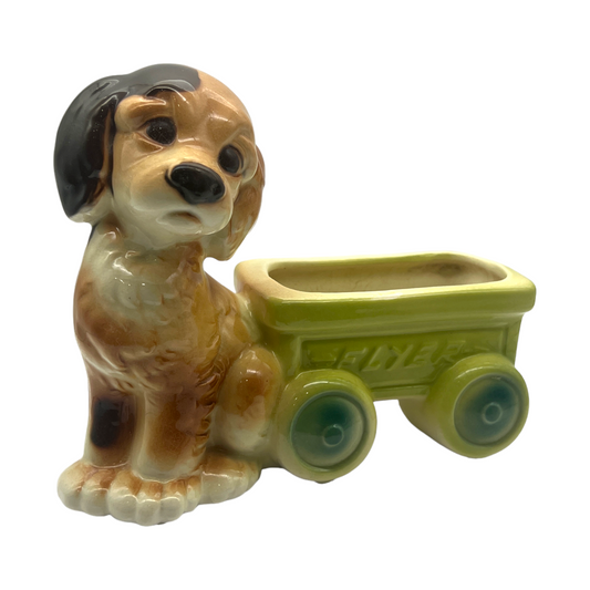 Royal Copley - Dog Pulling Flyer Wagon Planter - Vintage - 6"