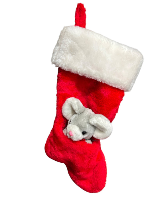 Santa’s Best - Mouse Plush Christmas RED Stocking Mouse in Pocket - Vintage - 16"