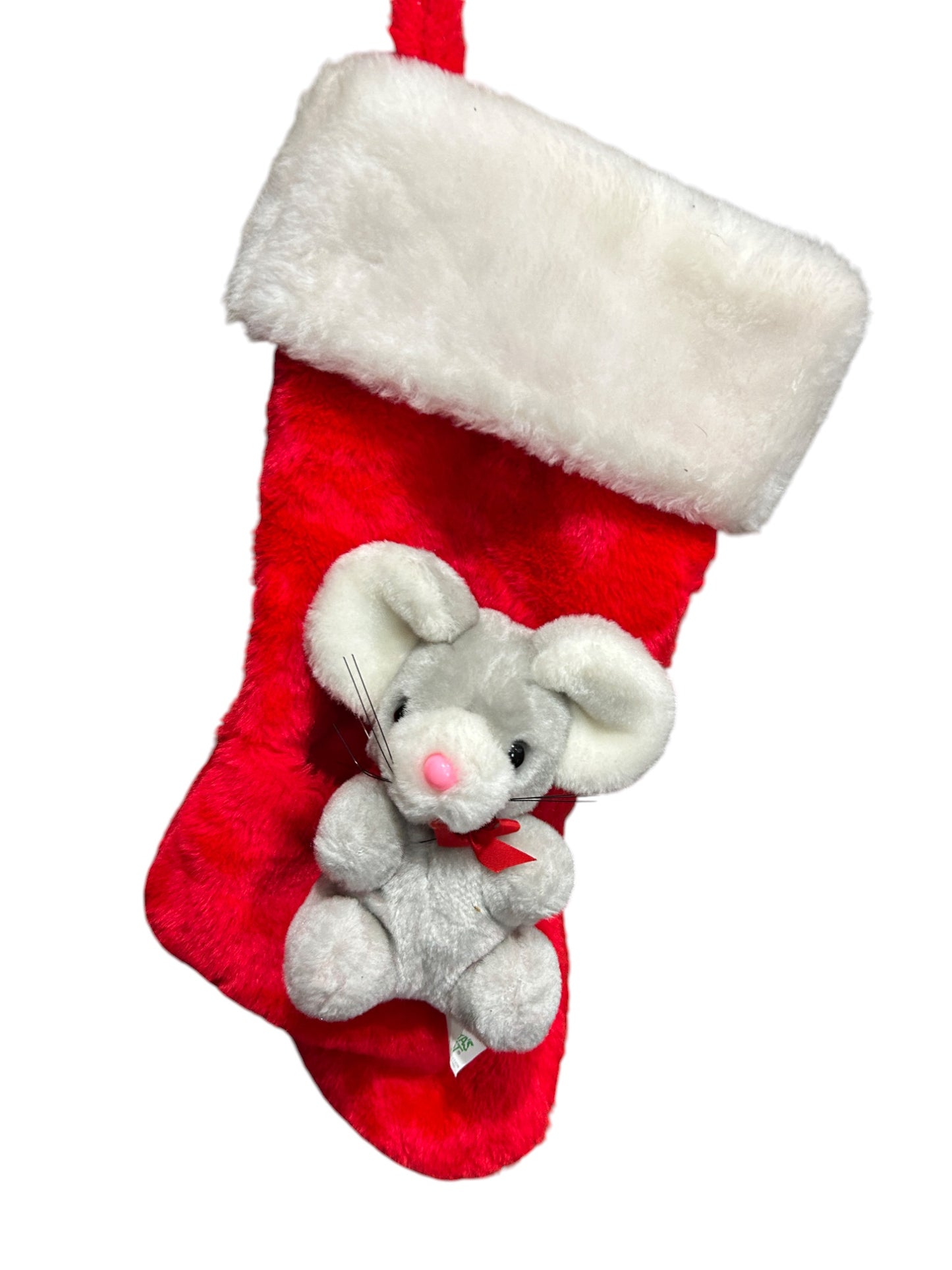 Santa’s Best - Mouse Plush Christmas RED Stocking Mouse in Pocket - Vintage - 16"