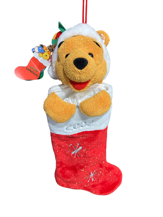 London Disney Store - Winnie the Pooh 2002 3D soft Plush Christmas Snowflake Stocking Santa Hat - Vintage - 22"