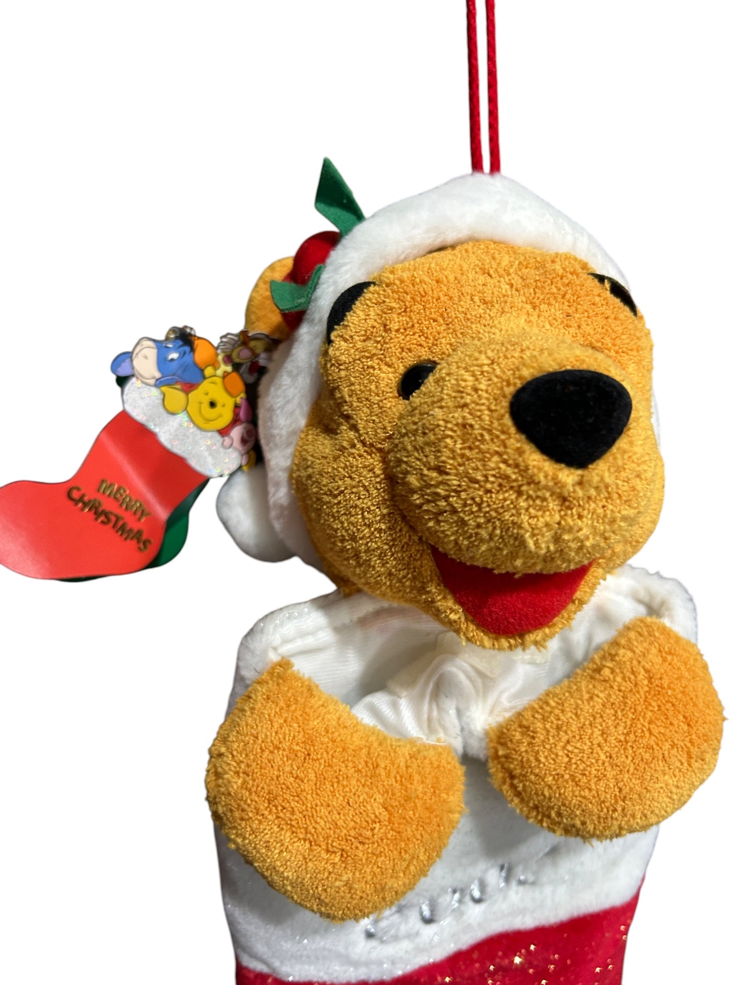 London Disney Store - Winnie the Pooh 2002 3D soft Plush Christmas Snowflake Stocking Santa Hat - Vintage - 22"