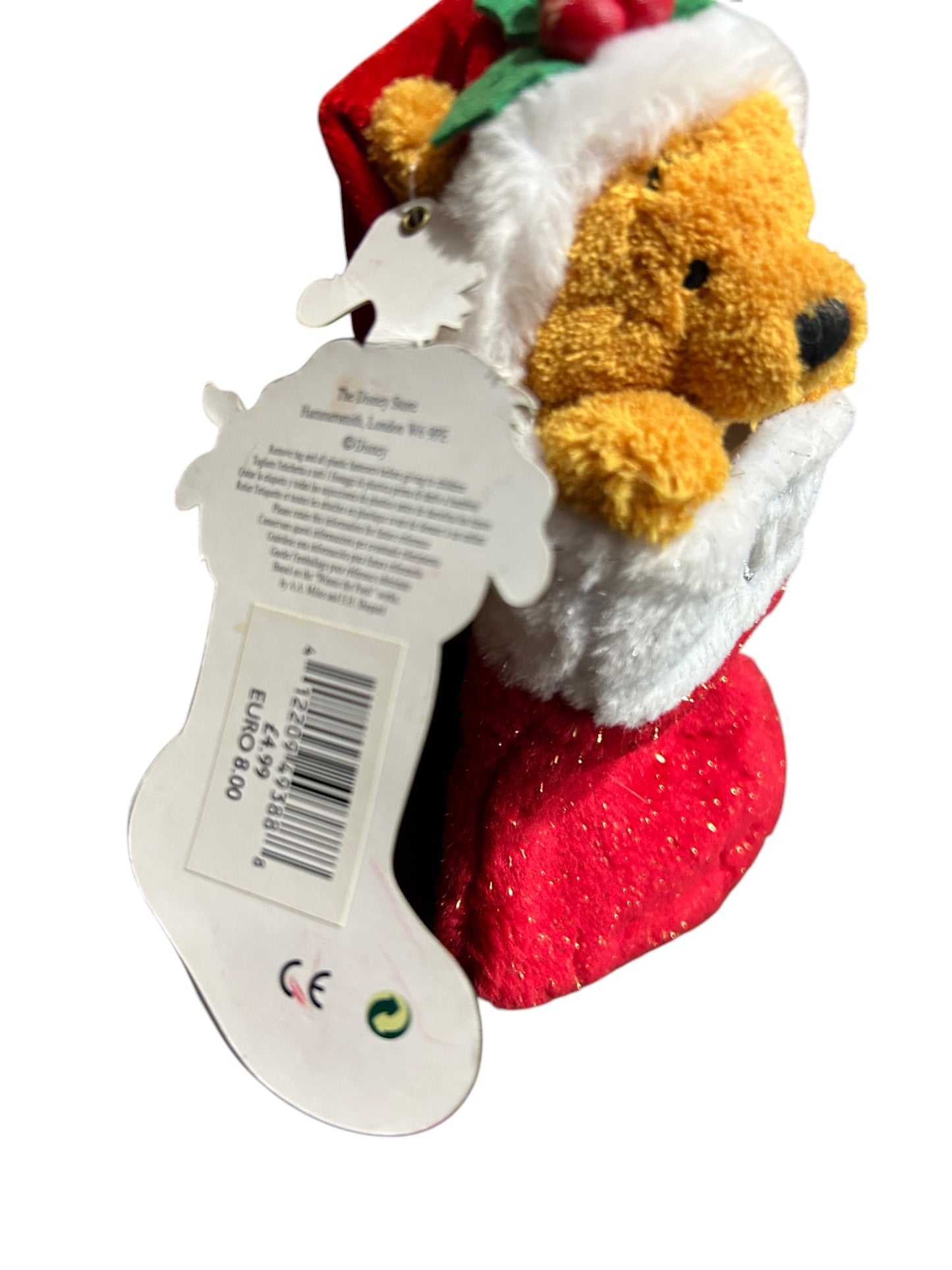 Disney Store London - 2002 Winnie the Pooh In A Stocking - Christmas - Vintage - 8"