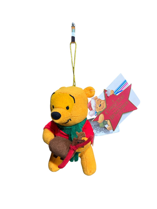 Disney Store - Winnie the Pooh Plush Christmas Ornament Holding Reindeer - With Tag - Vintage - 5"