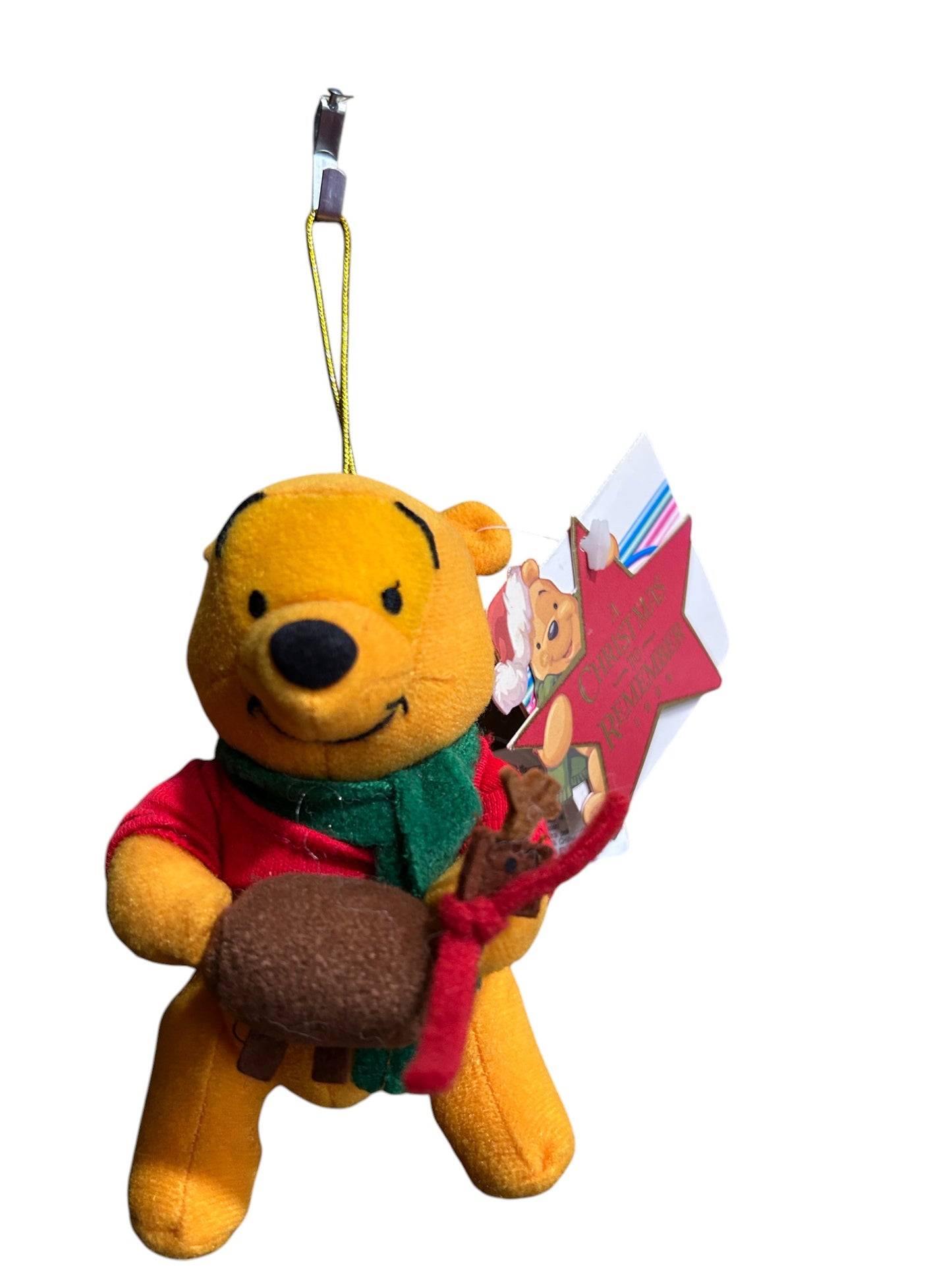 Disney Store - Winnie the Pooh Plush Christmas Ornament Holding Reindeer - With Tag - Vintage - 5"