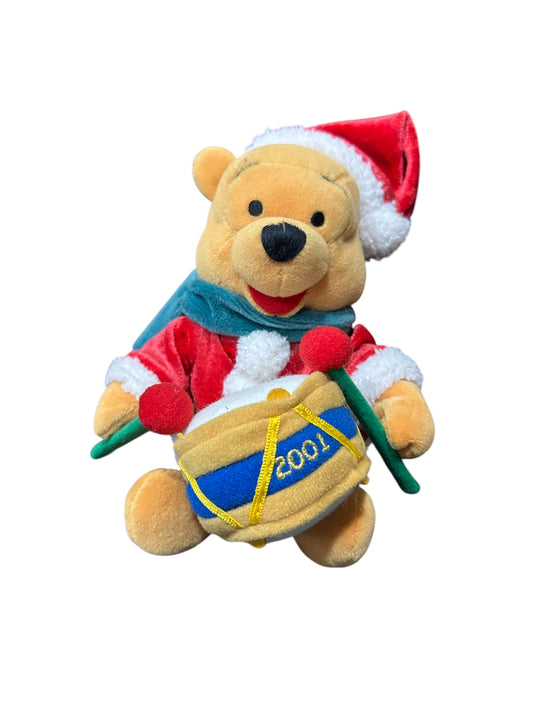 Disney Store - Winnie the Pooh - Holiday Pooh Playing Drums - with Tags - Mini Bean Bag - 8"