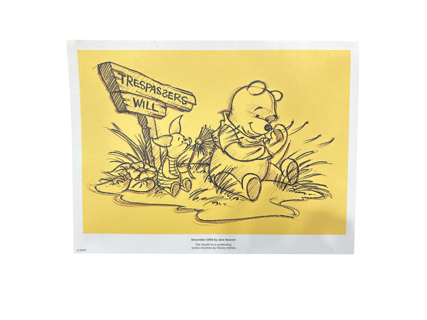 Disney - Winnie the Pooh - Cast Member Exclusive Artwork - December 1993 Winnie the Pooh Print December 1993 By Jane Bonnet - Vintage - 12"