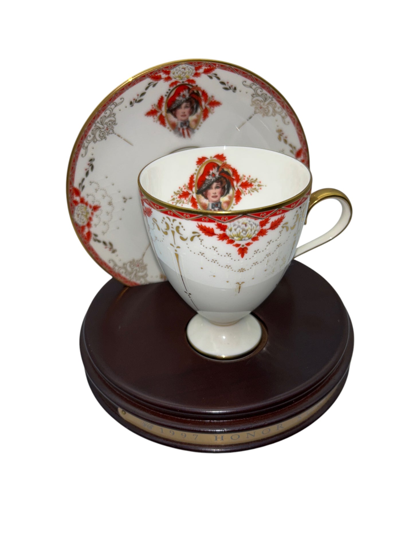 Avon - Honor Society - 1997 Commemorative Mrs. Albee Honor Society Tea Cup & Saucer Set with Stand - NWB - 6"
