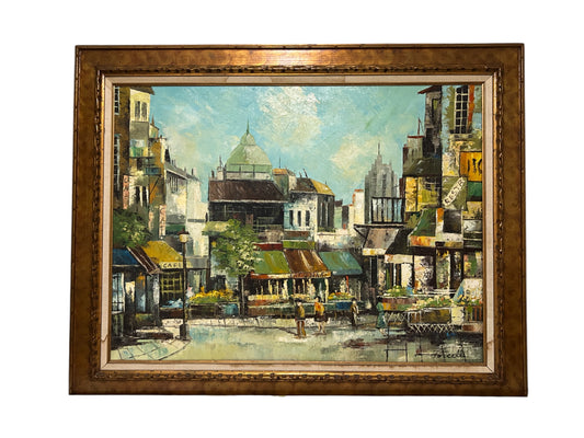4' Signed Oversized Italian Oil Painting - Framed - Signed Large Italian Town Square Scene Oil Painting by Forcelli - Vintage - 48"