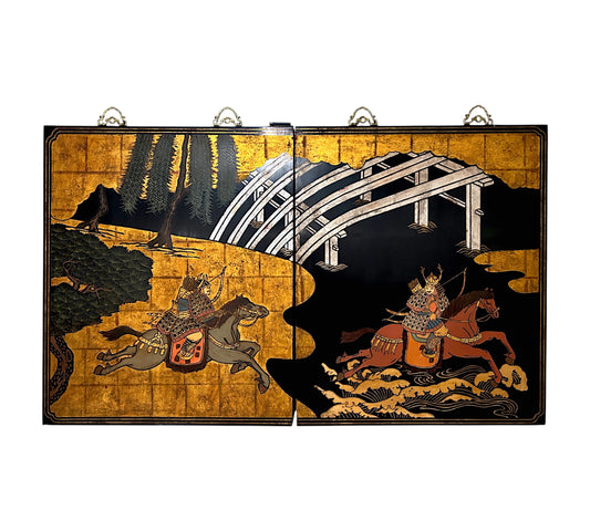 Maitland Smith Ltd - Hong Kong - Decorative Pair of Lacquer Painted Wood Wall Panels of Asian Style Horseback Archer Scene - 1990's - 70"