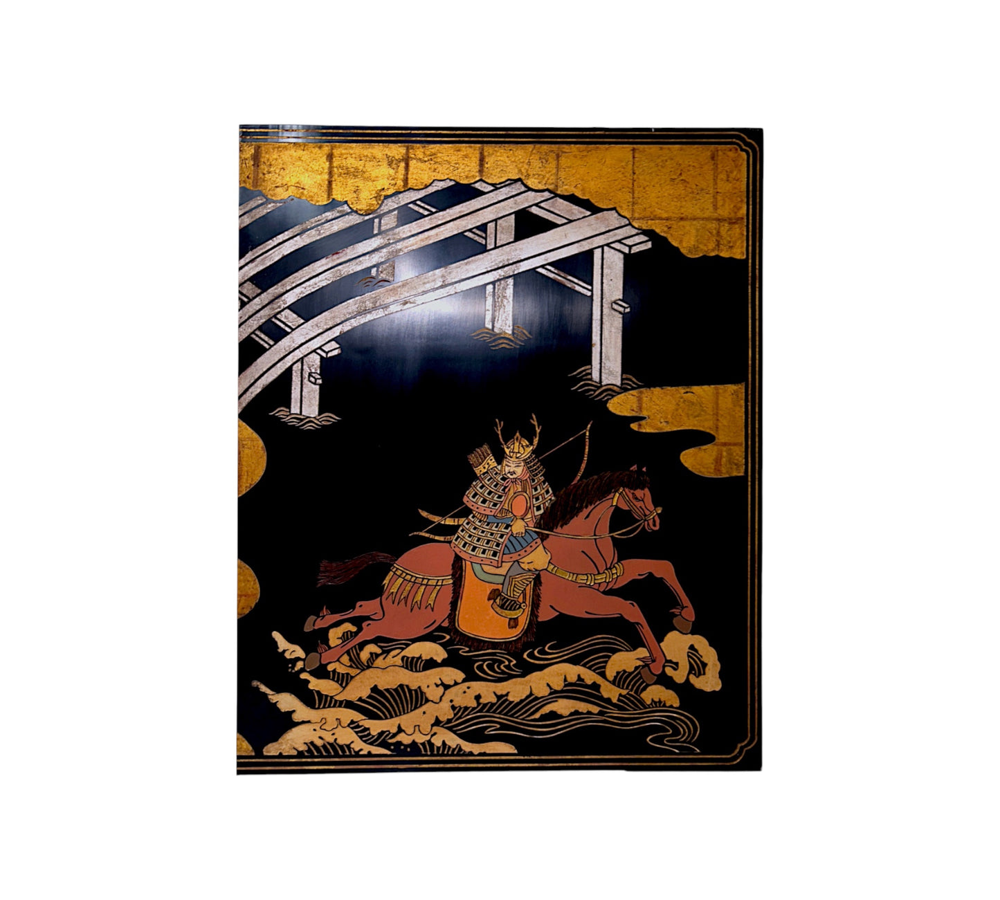 Maitland Smith Ltd - Hong Kong - Decorative Pair of Lacquer Painted Wood Wall Panels of Asian Style Horseback Archer Scene - 1990's - 70"