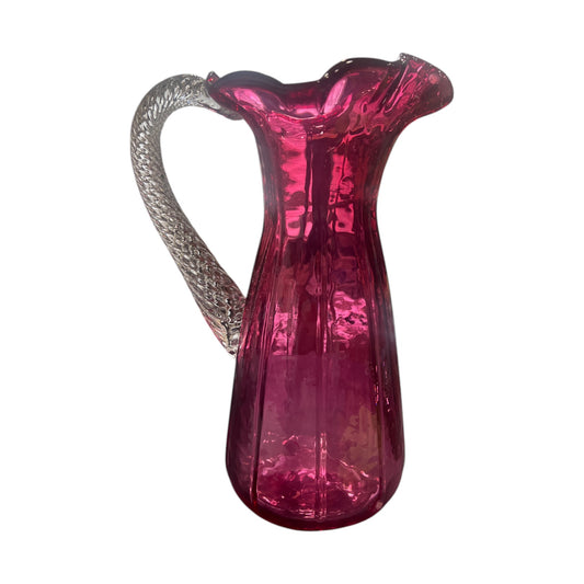 Cranberry Ruffle Top Pitcher With Swirled Handle - Vintage - 8.5"