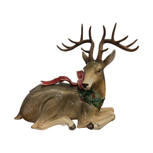 Fitz & Floyd - Holiday Leaves Reindeer Cookie Jar Centerpiece - Large - 1994